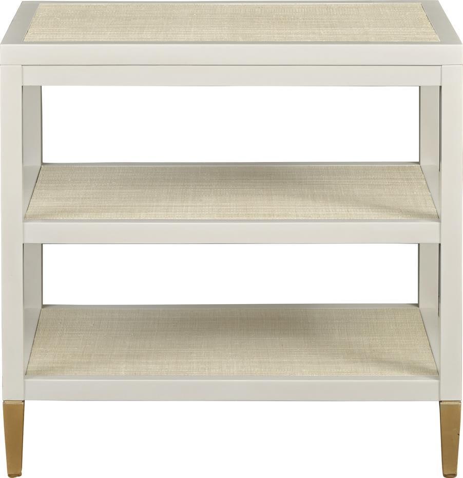 Port Eliot Mid-Century Modern Gold Accent Tier Table: Port Eliot Mid-Century Modern Gold Accent Tier Table This Mid-Century Modern Tier Table features a striking white lacquer finish complemented by elegant gold leaf feet. Constructed with a Saguran raff