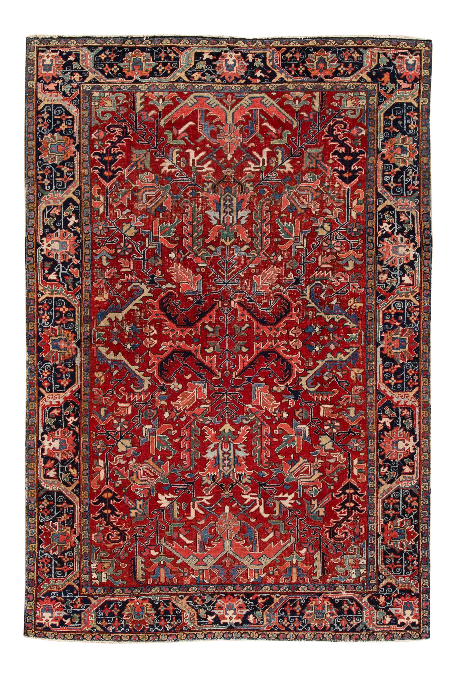 Antique Persian Heriz Wool Rug Red Field Circa 1920: Antique Persian Heriz Wool Rug Red Field Circa 1920 This exquisite antique Persian Heriz wool rug, dating back to circa 1920, showcases a stunning red field complemented by a black border and an intri