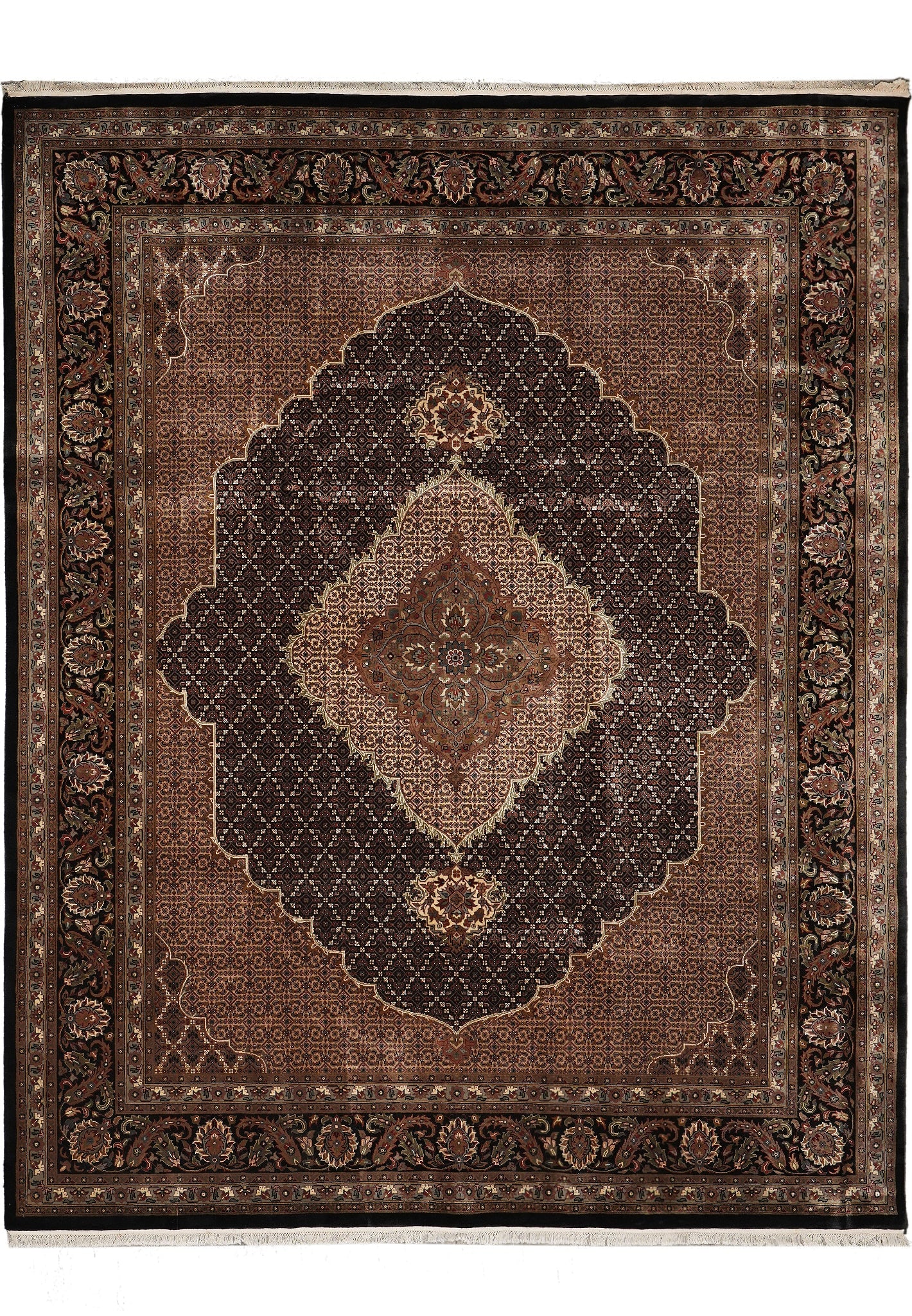 Tabriz Mahi Handmade Rug 8.2 x 10.2 Wool Silk Earthy Black Ruby Red: Tabriz Mahi Handmade Rug 8.2 x 10.2 Wool Silk Earthy Black Ruby Red Free continental US Shipping This finely crafted Tabriz Mahi carpet is handmade with a high-quality blend of wool and silk, showcasi