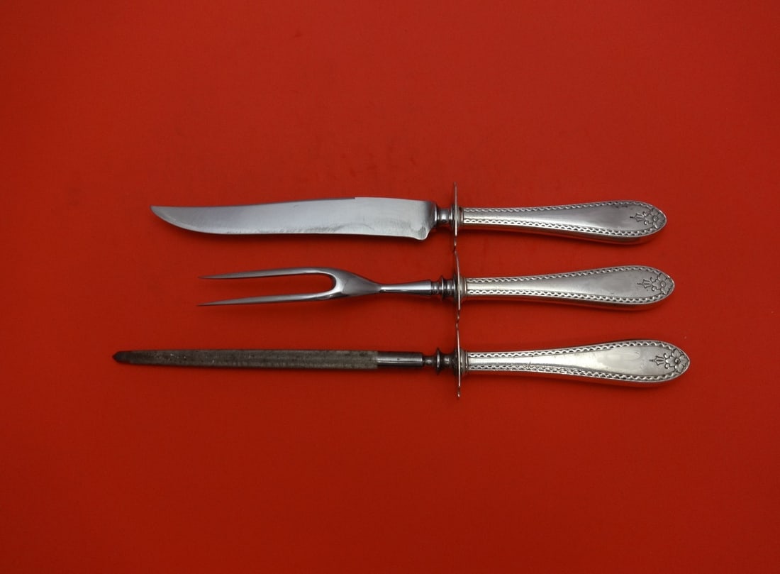 Gorham Plain Engraved Sterling Silver 3pc Steak Carving Set: Gorham Plain Engraved Sterling Silver 3pc Steak Carving Set This exquisite 3-piece steak carving set by Gorham features a classic design in the Gorham Plain Engraved pattern. Each piece is crafted fro