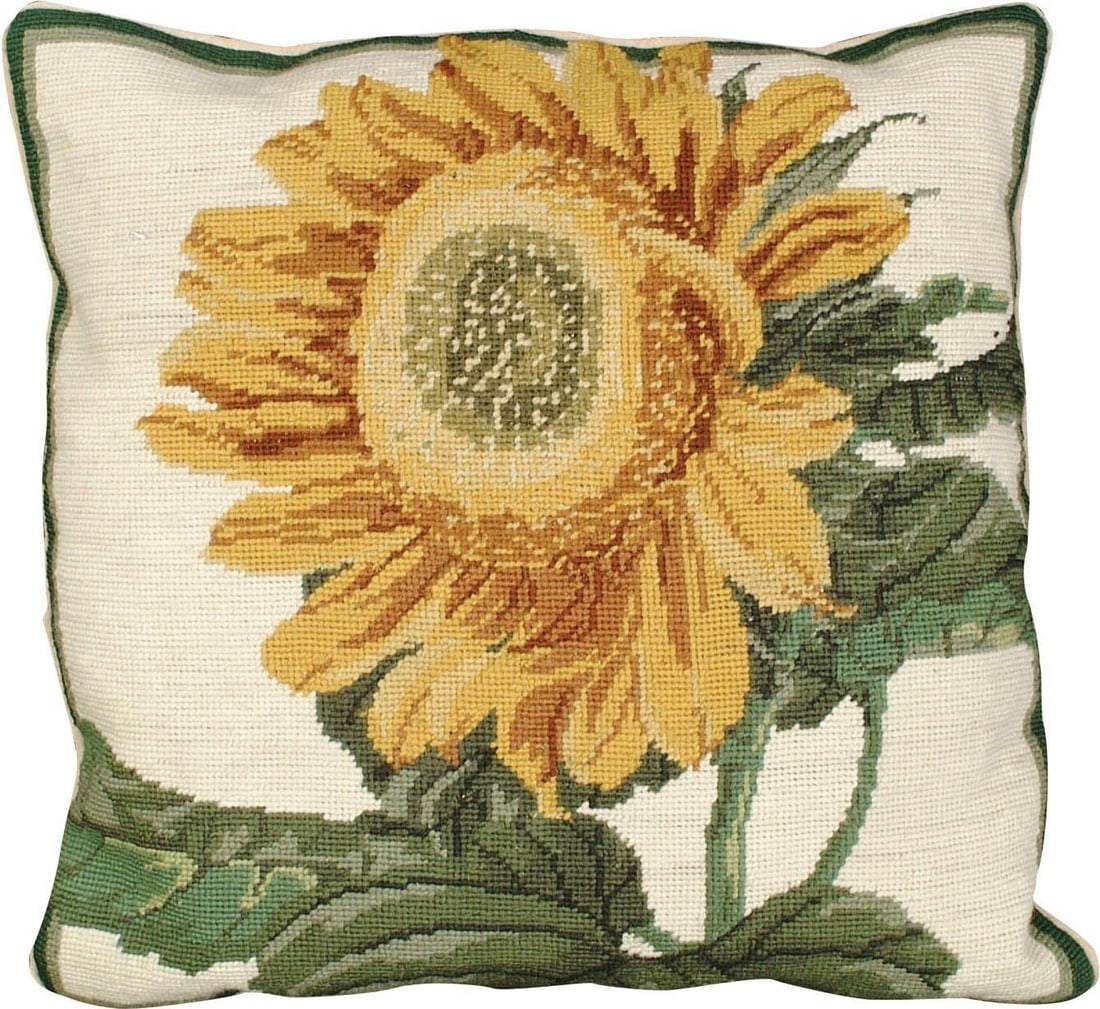 Hand-Made Floral Sunflower Throw Pillow 18x18 Wool Velvet: Hand-Made Floral Sunflower Throw Pillow 18x18 Wool Velvet Enhance your living space with this vibrant sunflower throw pillow, meticulously crafted with a hand-made needlepoint design. This beautiful p