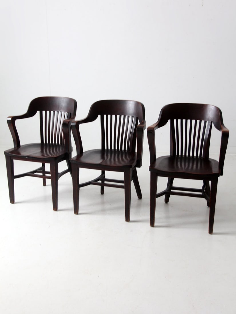 Set of 3 Antique Crocker Chair Co Office Chairs Dark Finish: Set of 3 Antique Crocker Chair Co Office Chairs Dark Finish This exquisite set of three early 20th century antique office chairs from the Crocker Chair Company features a rich dark finish that complem