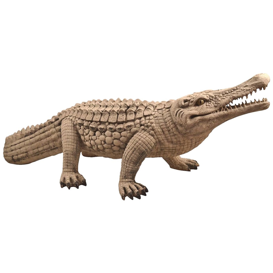1960s Large Scale Fiberglass Folk Art Crocodile Decorative Sculpture: 1960s Large Scale Fiberglass Folk Art Crocodile Decorative Sculpture This striking fiberglass crocodile showcases a modern "Folk Art" aesthetic, featuring a distressed white paint surface that adds ch
