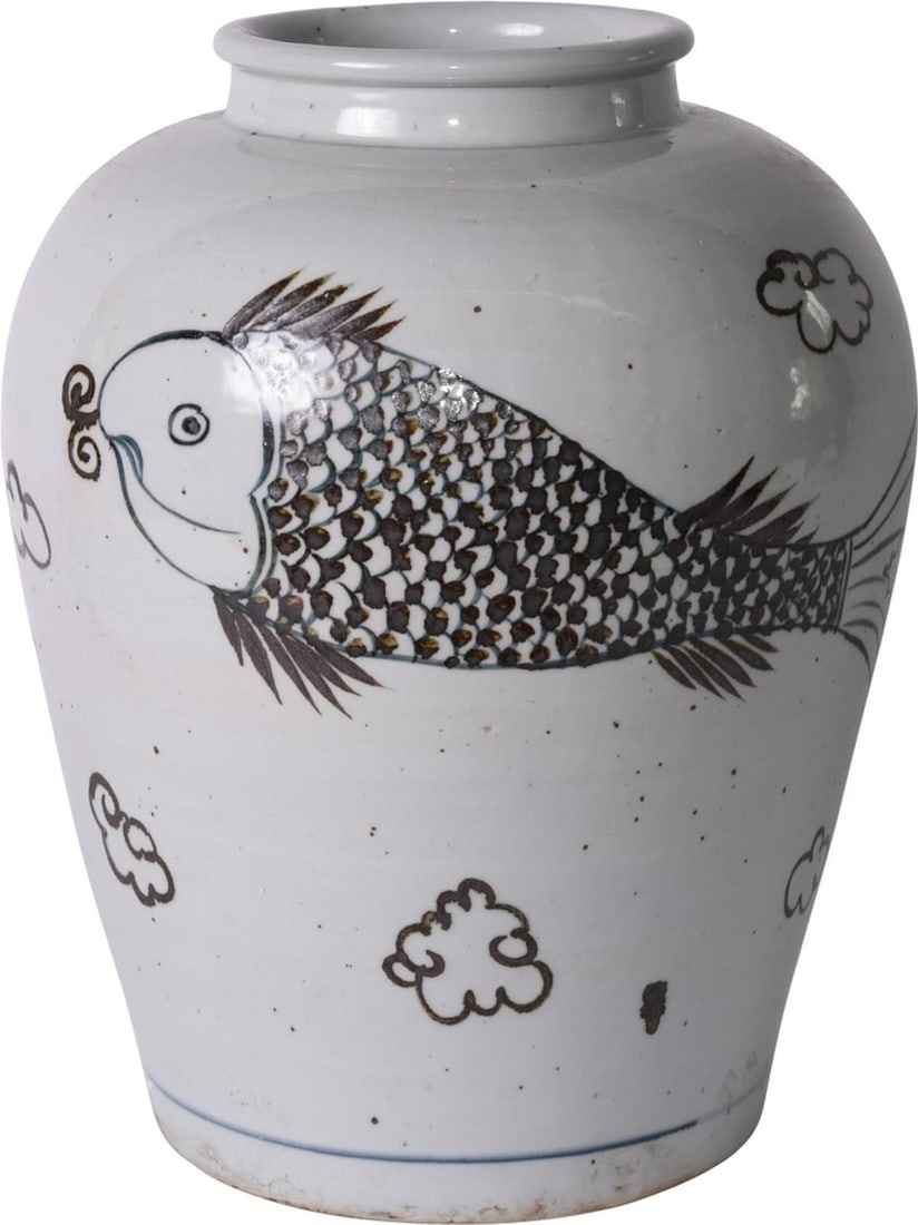 Handmade Asian Antique Style Ceramic Fish Open Top Jar: Handmade Asian Antique Style Ceramic Fish Open Top Jar This exquisite Handmade Ceramic Fish Open Top Jar is crafted in an Asian Antique Style, showcasing a unique vintage charm. The jar features an op