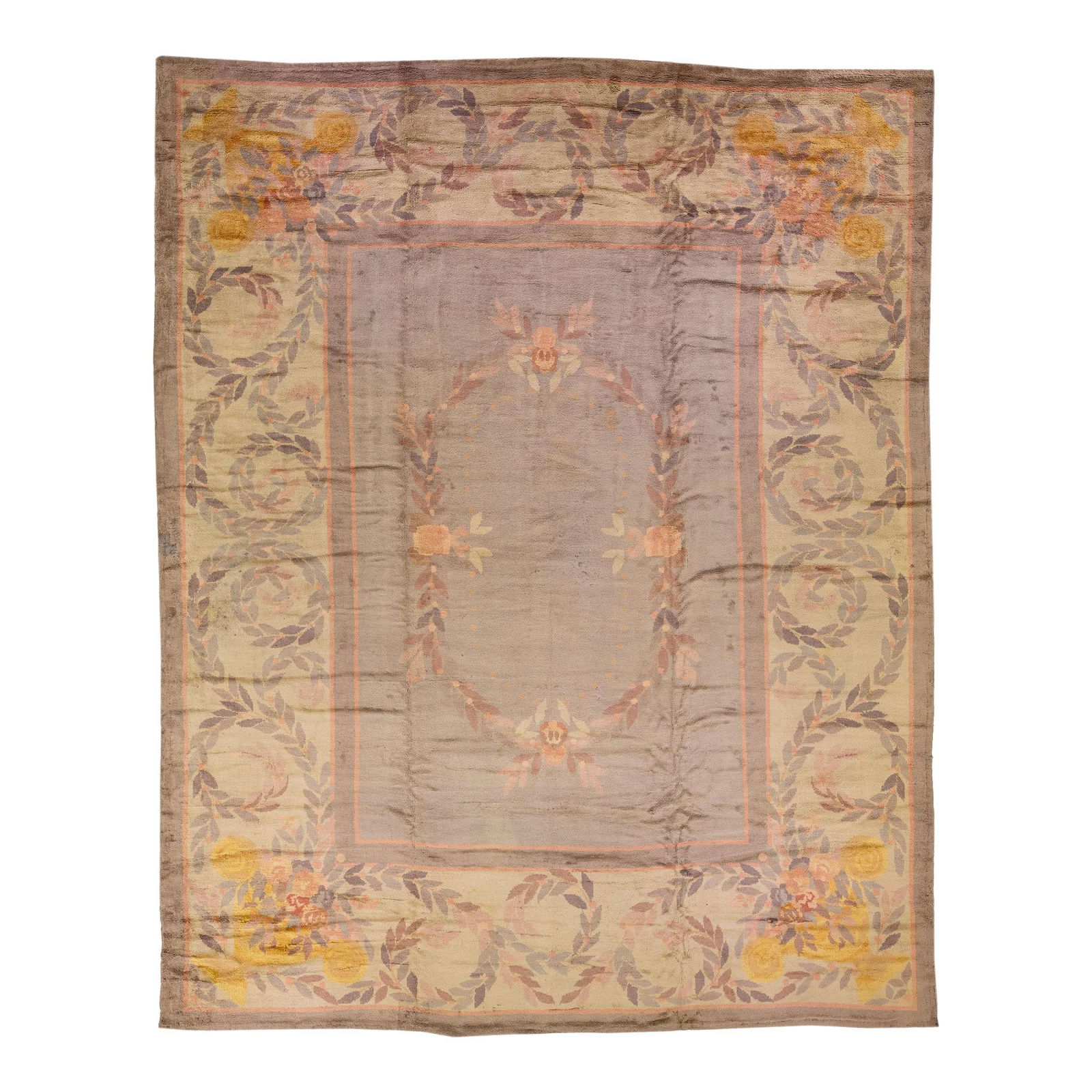 Vintage English Donegal Hand-Knotted Gray Wool Rug 14'9 x 18'8: Vintage English Donegal Hand-Knotted Gray Wool Rug 14'9 x 18'8 This exquisite vintage English Donegal handmade wool rug features a stunning gray color field complemented by a tan-designed frame. The r