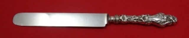 Whiting Lily Sterling Silver Dinner Knife 9 5/8 Blunt Blade Monogrammed: Whiting Lily Sterling Silver Dinner Knife 9 5/8 Blunt Blade Monogrammed This exquisite dinner knife features a sterling silver hollow handle adorned with the elegant Lily pattern by Whiting. The knife