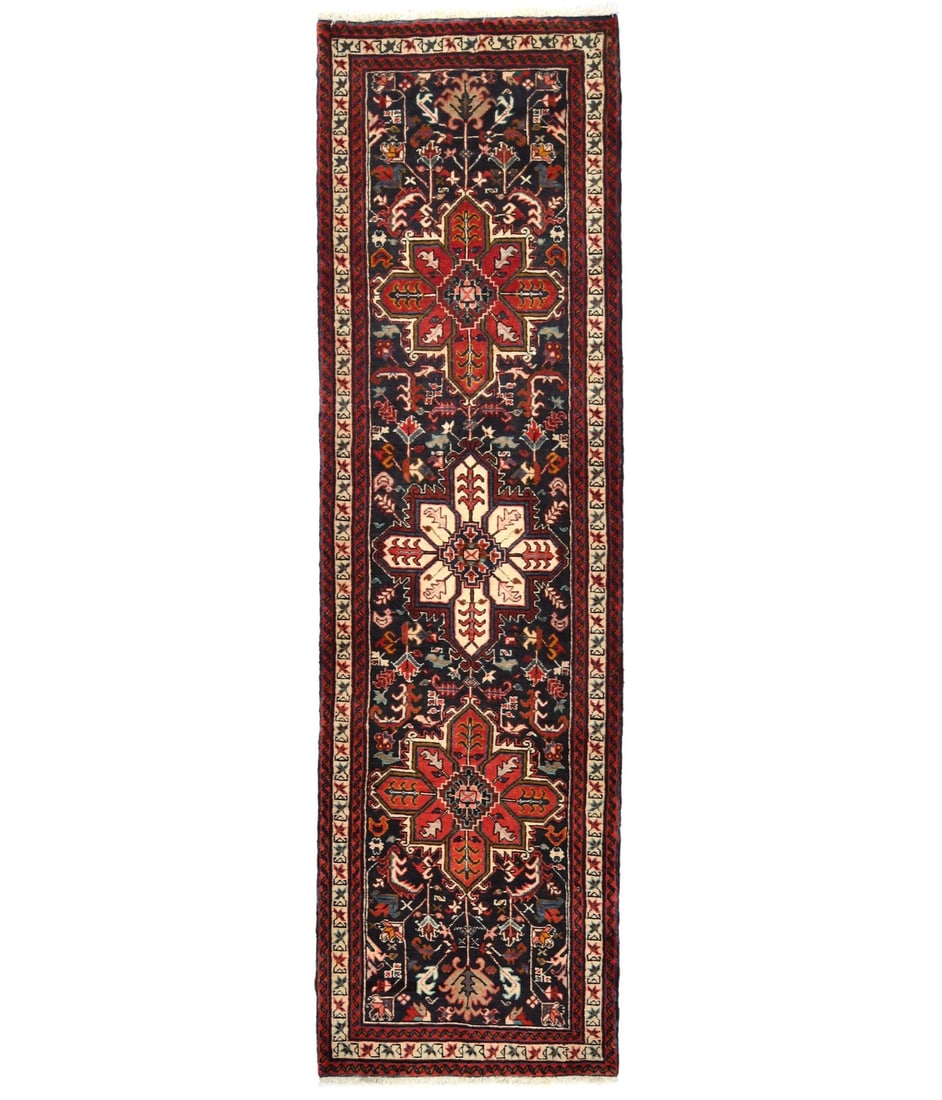 Hand-Knotted Wool Vintage Geometric Runner Rug 2'10 x 10' Tribal Style: Hand-Knotted Wool Vintage Geometric Runner Rug 2'10 x 10' Tribal Style This handmade Oriental runner rug features a geometric design in a vibrant palette including plum red, cream, khaki, charcoal, go