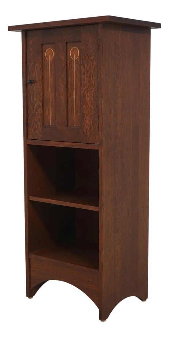 Arts and Crafts Inlaid Wood Cabinet by Harvey Ellis Design: Arts and Crafts Inlaid Wood Cabinet by Harvey Ellis Design This Stickley Harvey Ellis one-door inlaid cabinet features high-quality construction and intricate inlay work throughout, showcasing the sig