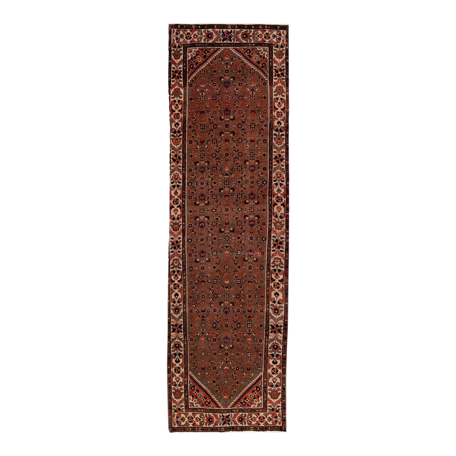 Vintage Malayer Persian Wool Runner Rug 4' x 13'5: Vintage Malayer Persian Wool Runner Rug 4' x 13'5 Enhance your space with this exquisite vintage Malayer runner rug, showcasing a rich brown field adorned with vibrant orange, blue, and yellow accents