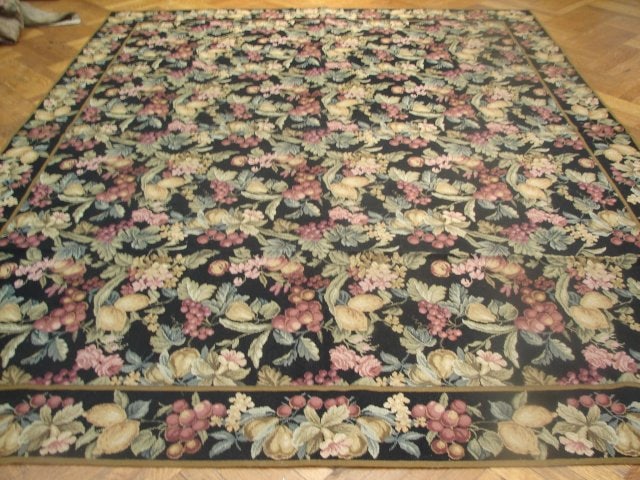 Handmade Black Country French Needlepoint Fruits Rug 8'4 x 10'2: Handmade Black Country French Needlepoint Fruits Rug 8'4 x 10'2 Free continental US Shipping Enhance your living space with this exquisite Black Country French Needlepoint Fruits Rug. Measuring 8' 4"