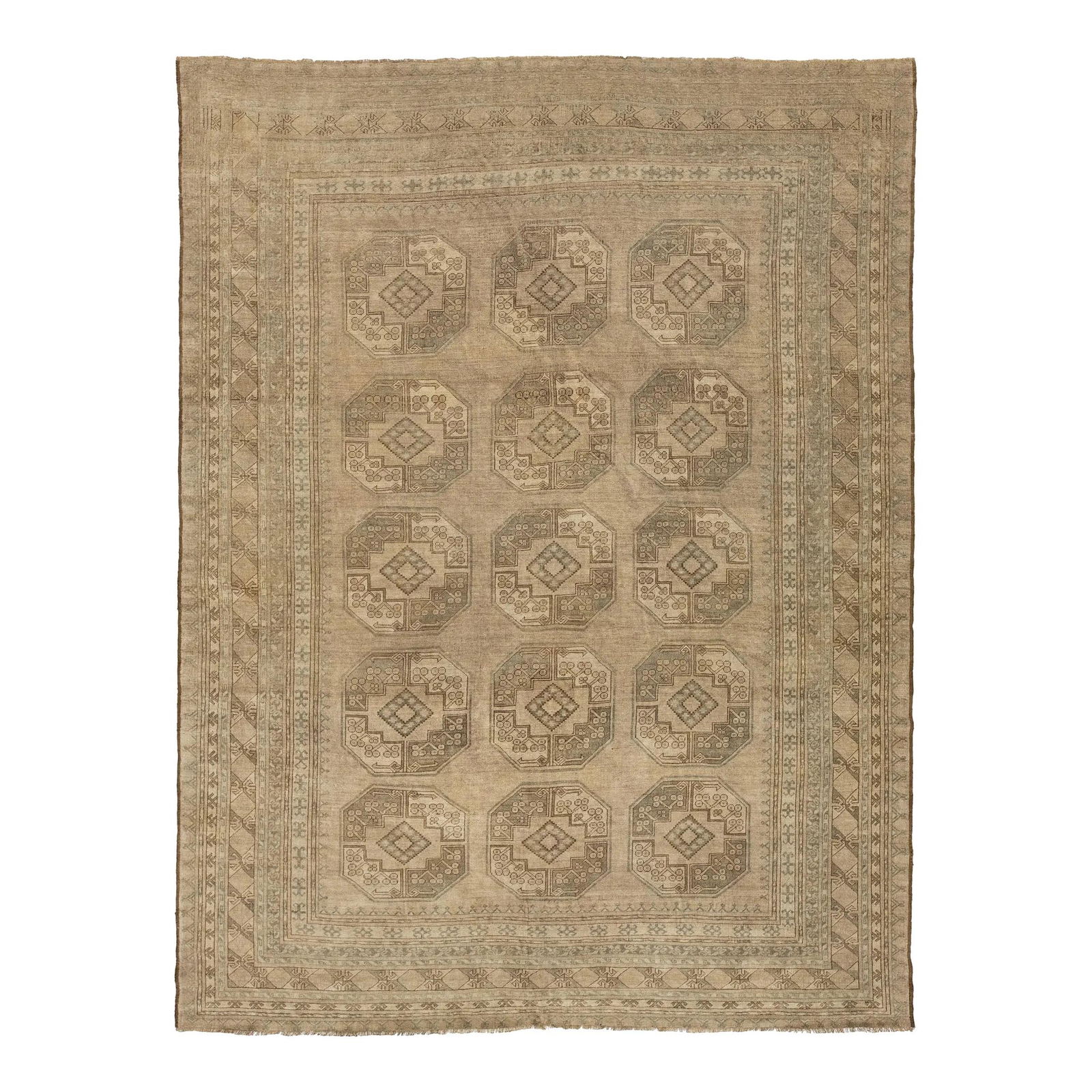 Antique Turkmen Wool Rug 9'7" x 12'8" Beige Gul Pattern: Antique Turkmen Wool Rug 9'7" x 12'8" Beige Gul Pattern Discover the elegance of this antique Turkmen hand-knotted wool rug, designed to enhance any room. Featuring a classic beige color field, this P
