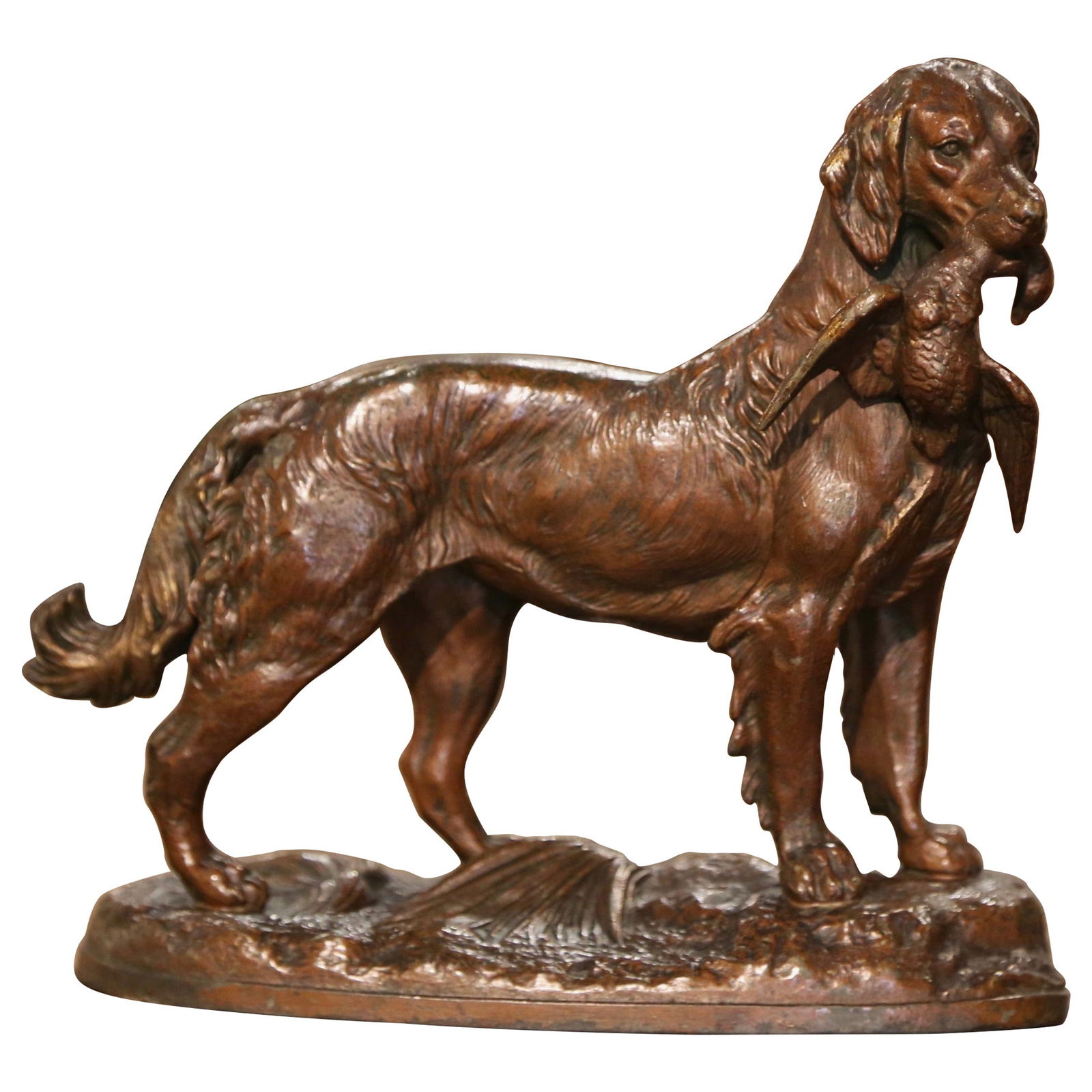19th Century French Spelter Dog Sculpture by Jules Moigniez: 19th Century French Spelter Dog Sculpture by Jules Moigniez This exquisite 19th Century French spelter sculpture captures the essence of the hunt with a finely detailed depiction of a setter dog holdi