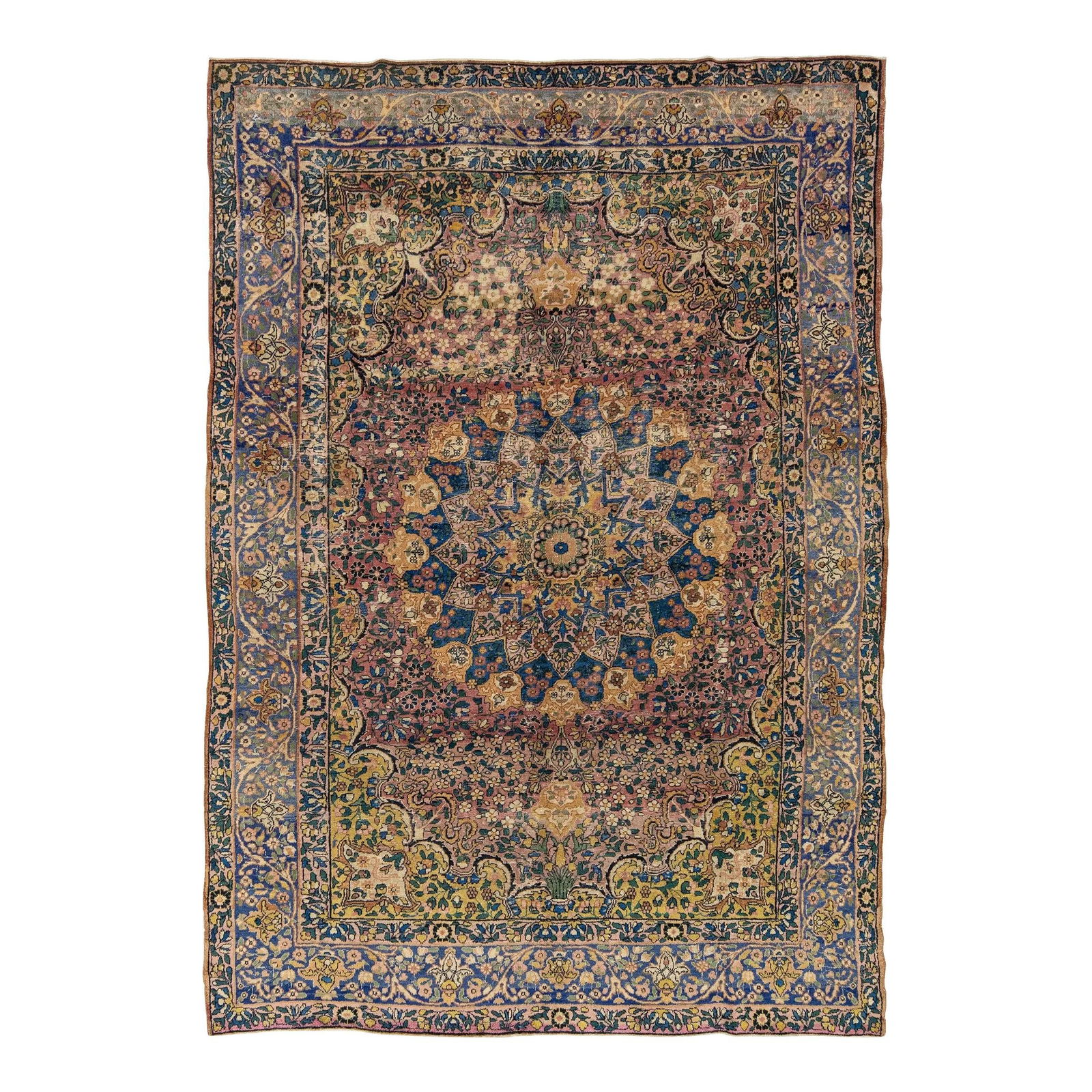 Antique Kerman Persian Wool Rug 6'6 x 9'9 Multicolor Rosette Design: Antique Kerman Persian Wool Rug 6'6 x 9'9 Multicolor Rosette Design Discover the beauty of this Handmade Antique Kerman Persian Wool Rug, crafted in the 1920s. This stunning piece showcases a vibrant