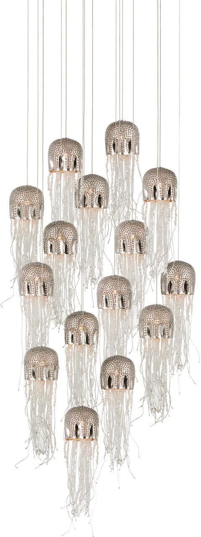Currey 15-Light Nickel Medusa Pendant Light Fixture: Currey 15-Light Nickel Medusa Pendant Light Fixture Illuminate your space with the Elegant Nickel Medusa Pendant Light Fixture, a stunning piece that combines artful design and functionality. This mul