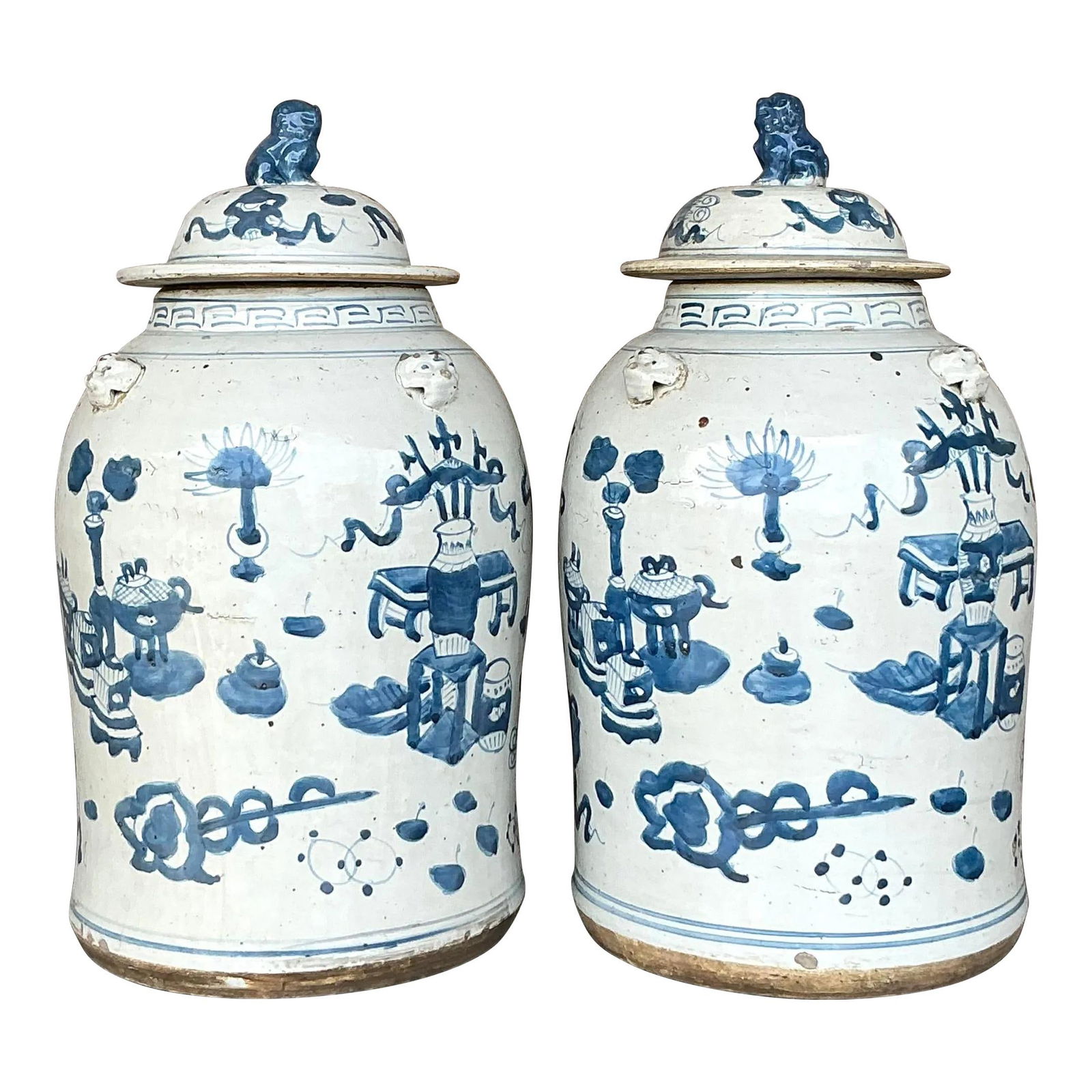 Pair of Vintage Asian Hand Painted Foo Dog Ginger Jars: Pair of Vintage Asian Hand Painted Foo Dog Ginger Jars Enhance your decor with these Vintage Asian Hand Painted Foo Dog Ginger Jars. This exquisite pair features intricate hand-painted designs and ico