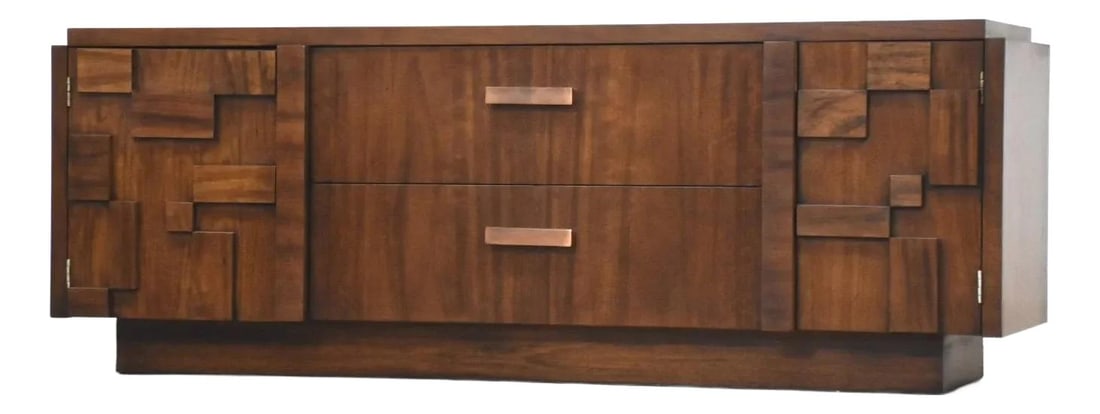 1960s Mid-Century Brutalist Walnut Credenza by Lane with Copper Pulls: 1960s Mid-Century Brutalist Walnut Credenza by Lane with Copper Pulls This stunning mid-century Brutalist credenza from the 1960s features a stylish walnut wood construction complemented by copper dra