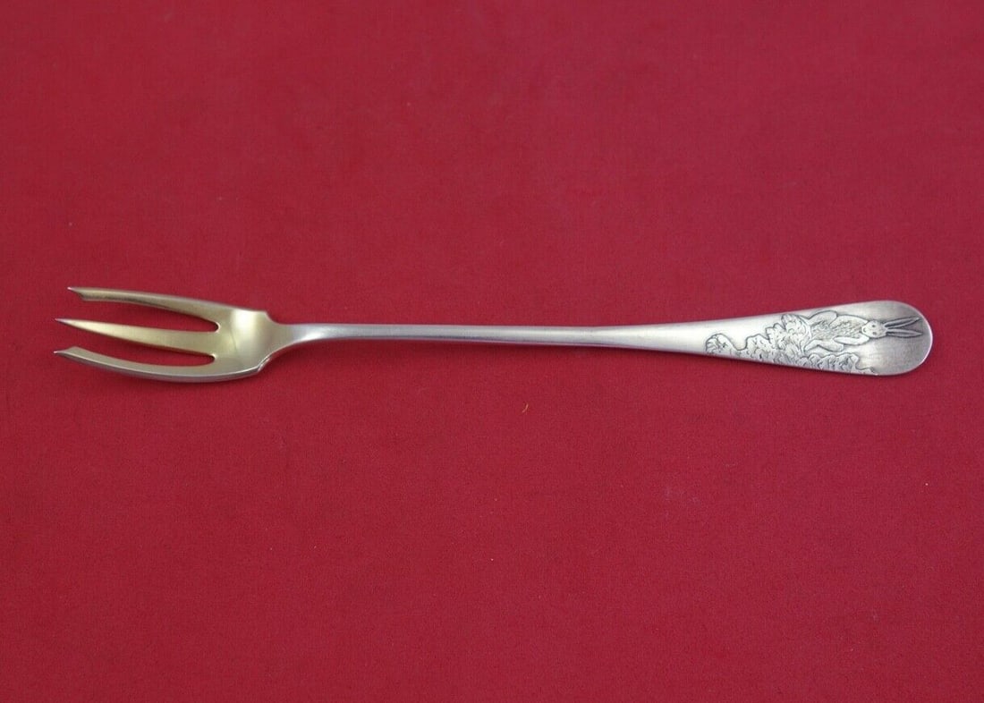 Whiting Antique Acid Etched Sterling Silver Cocktail Fork 6 Rabbit Design: Whiting Antique Acid Etched Sterling Silver Cocktail Fork 6 Rabbit Design This exquisite cocktail fork is crafted from sterling silver and features a stunning antique acid etched design, produced by W
