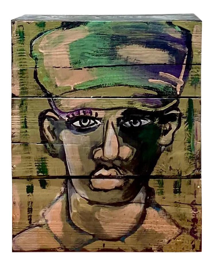Roland Signed Contemporary Abstract Oil Portrait on Wooden Box: Roland Signed Contemporary Abstract Oil Portrait on Wooden Box This striking contemporary abstract oil portrait showcases a brilliant composition created on a wooden box, featuring an army green color