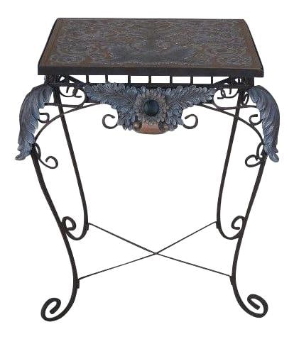 Stylish Iron Base Occasional Table with Embossed Resin Top: Stylish Iron Base Occasional Table with Embossed Resin Top This stylish occasional table features a unique embossed resin insert top, elegantly supported by scrolled iron legs. Approximately 25 years