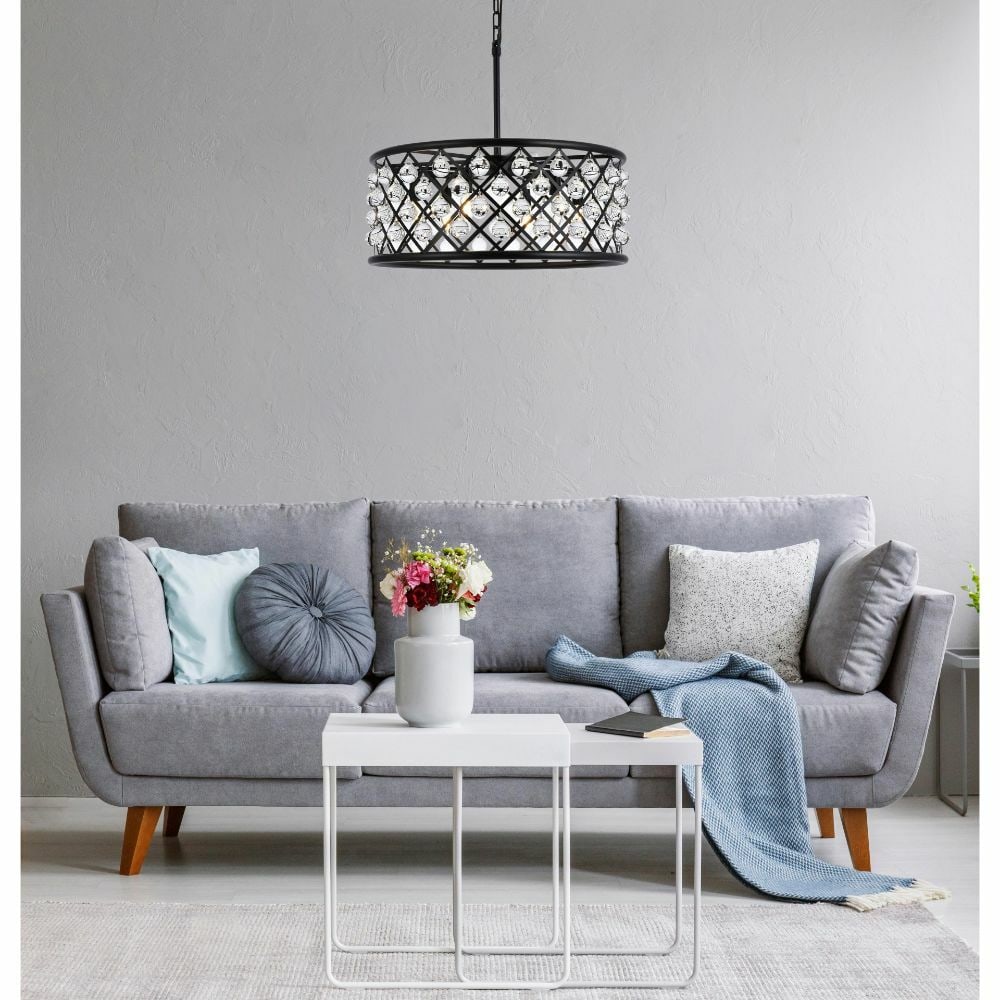 Madison 6-Light Matte Black Crystal Chandelier 25 Inch Diameter for Dining or Living Room: Madison 6-Light Matte Black Crystal Chandelier 25 Inch Diameter for Dining or Living Room This modern chandelier features six lights and a matte black finish, complemented by clear royal cut crystal b