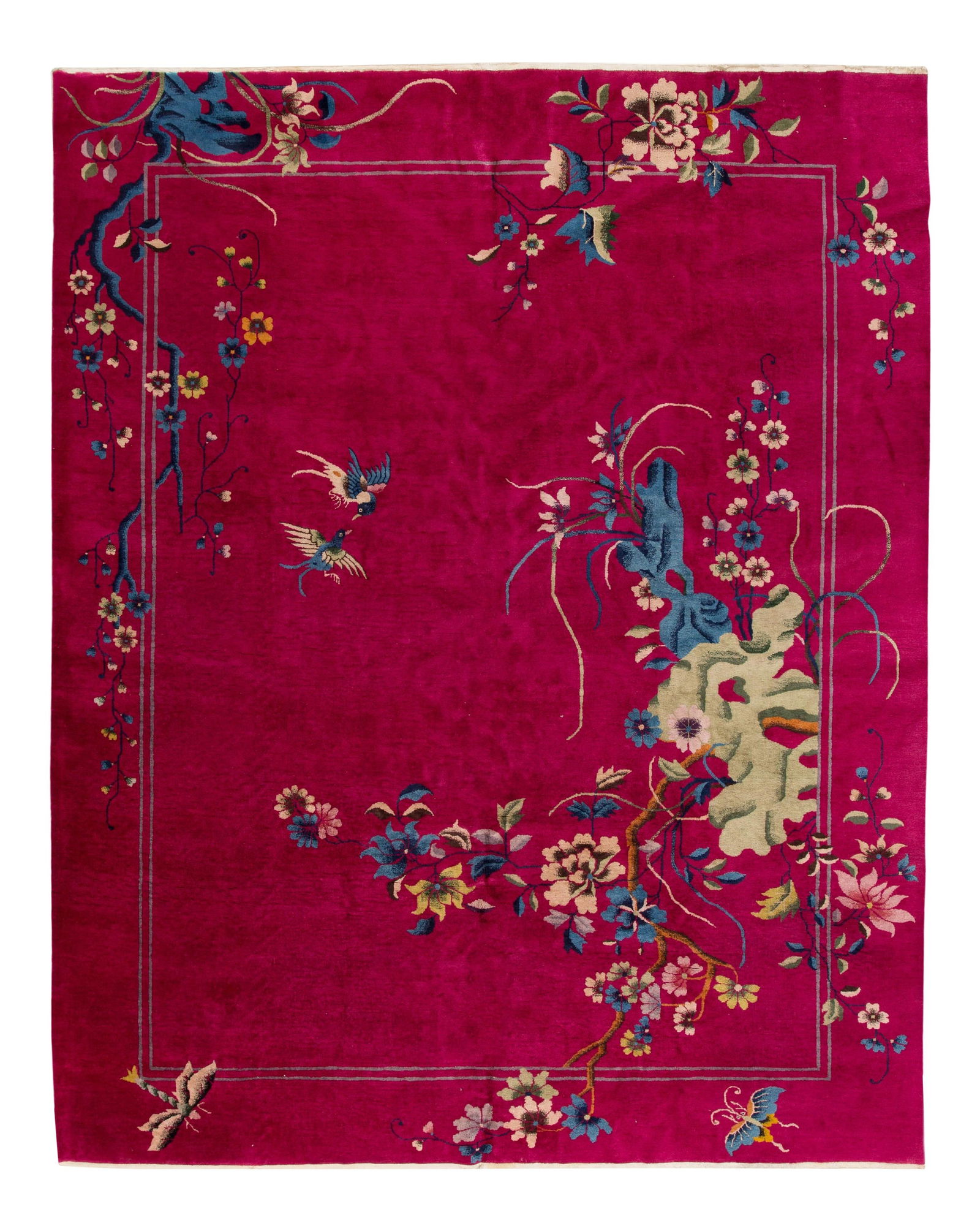 Antique Chinese Art Deco Wool Rug Red Floral 9'2 x 11'6: Antique Chinese Art Deco Wool Rug Red Floral 9'2 x 11'6 Discover the elegance of this Antique Chinese Art Deco Rug, meticulously hand-knotted from fine wool. Featuring a vibrant red field adorned with