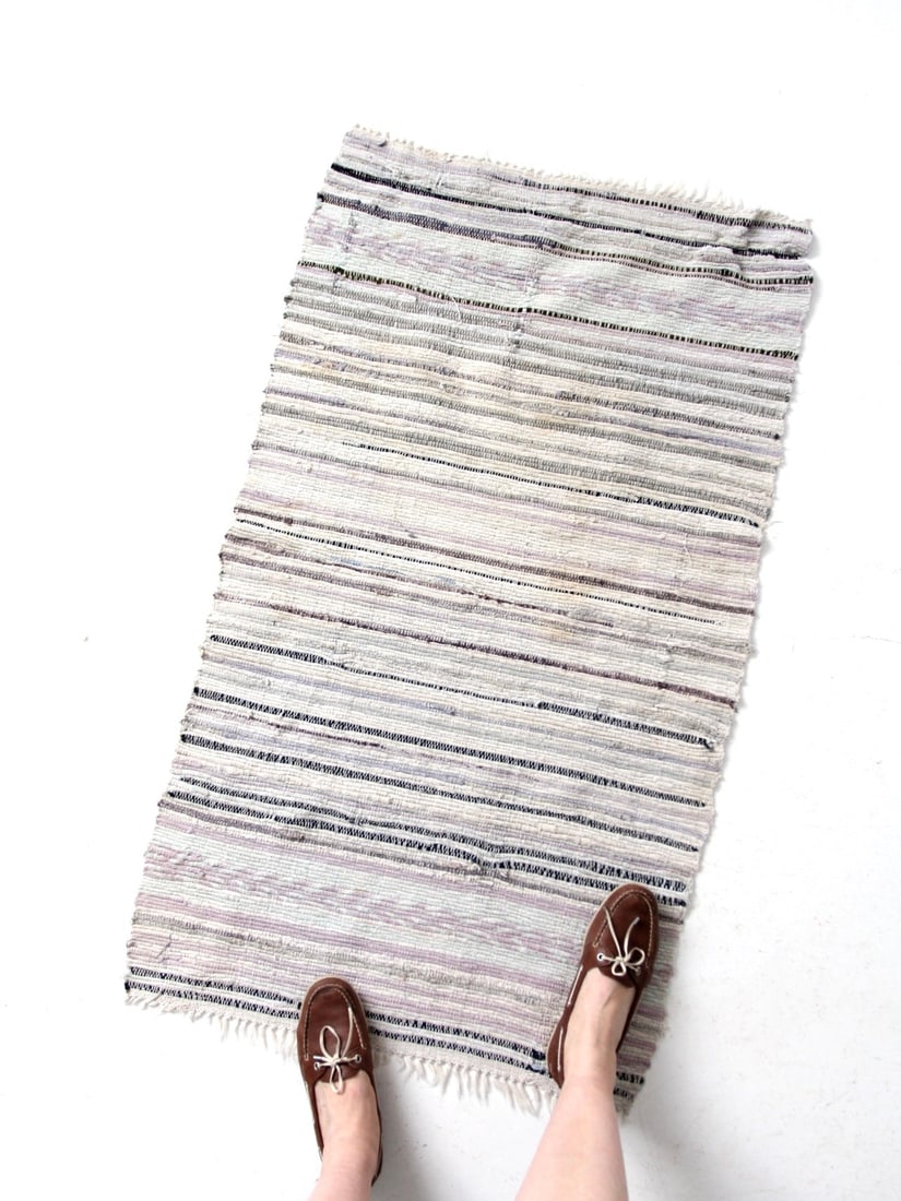 Charming Vintage Striped Rag Rug Handmade Accent 44.5 x 25.75: Charming Vintage Striped Rag Rug Handmade Accent 44.5 x 25.75 Introducing a charming vintage striped rag rug, perfect for adding a touch of warmth and character to your home. This soft, handmade accen