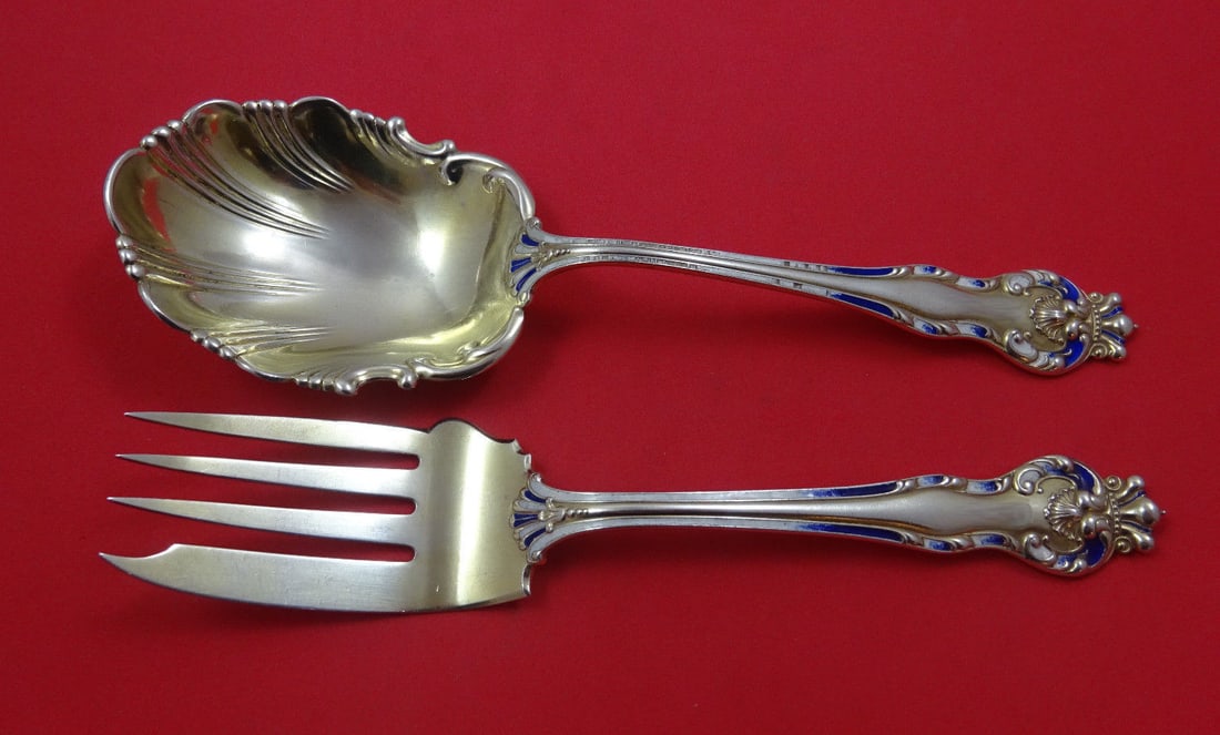 Mount Vernon Howard Queen Sterling Silver Salad Serving Set 2-Piece Enameled 8 3/4": Mount Vernon Howard Queen Sterling Silver Salad Serving Set 2-Piece Enameled 8 3/4" Presenting a stunning 2-piece salad serving set crafted by Mount Vernon / Howard, featuring exquisite enameled accen