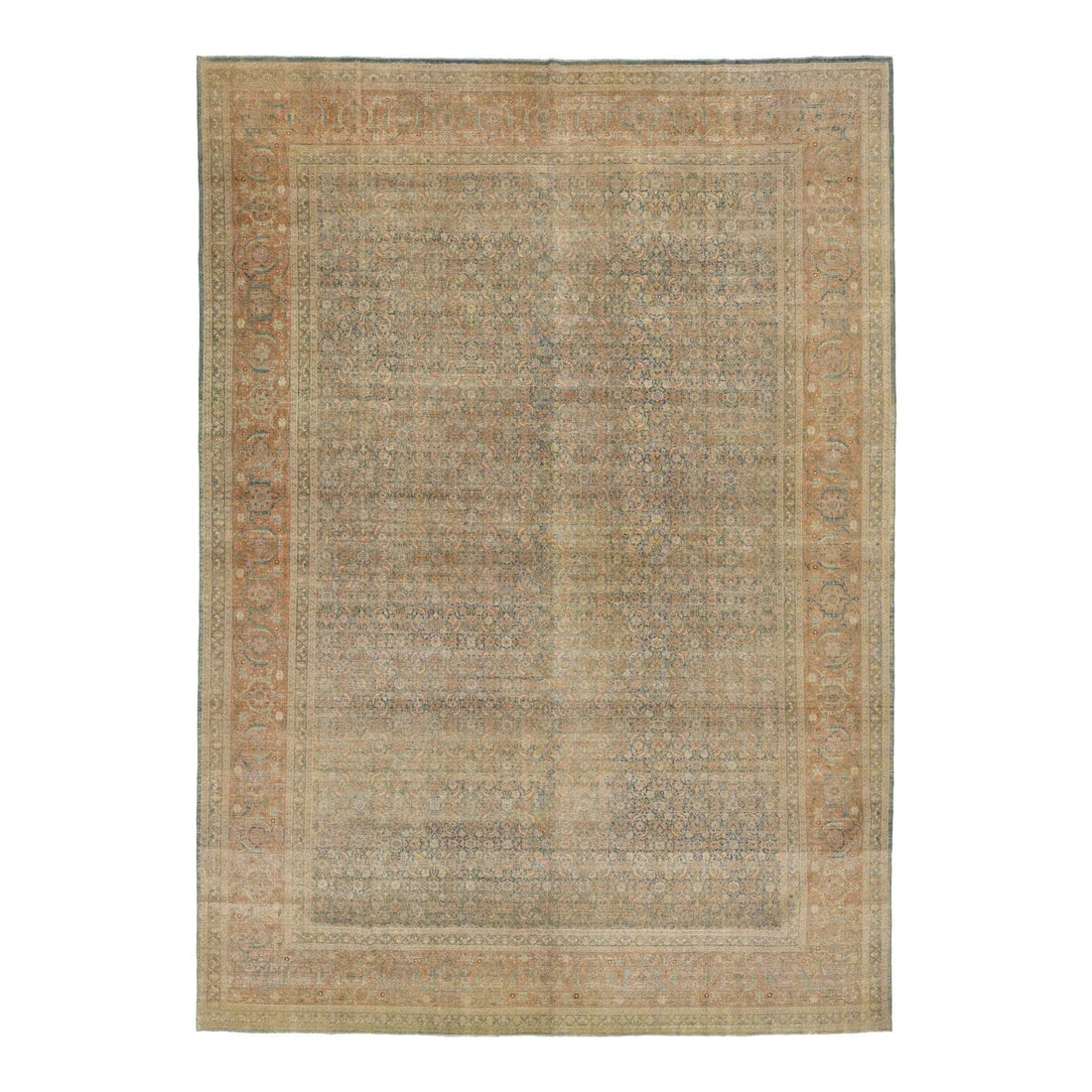 1900s Handmade Persian Tabriz Wool Rug Blue Floral Pattern 11'2 x 15'9: 1900s Handmade Persian Tabriz Wool Rug Blue Floral Pattern 11'2 x 15'9 Discover the timeless elegance of this early 1900s handknotted Persian Tabriz rug, showcasing a stunning allover pattern in soft