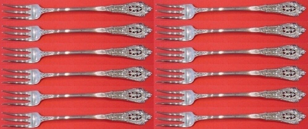 Wallace Rose Point Sterling Silver Cocktail Forks Set of 12 5.5 Inch: Wallace Rose Point Sterling Silver Cocktail Forks Set of 12 5.5 Inch Elevate your dining experience with this exquisite set of 12 Rose Point cocktail forks by Wallace. Crafted from high-quality sterli