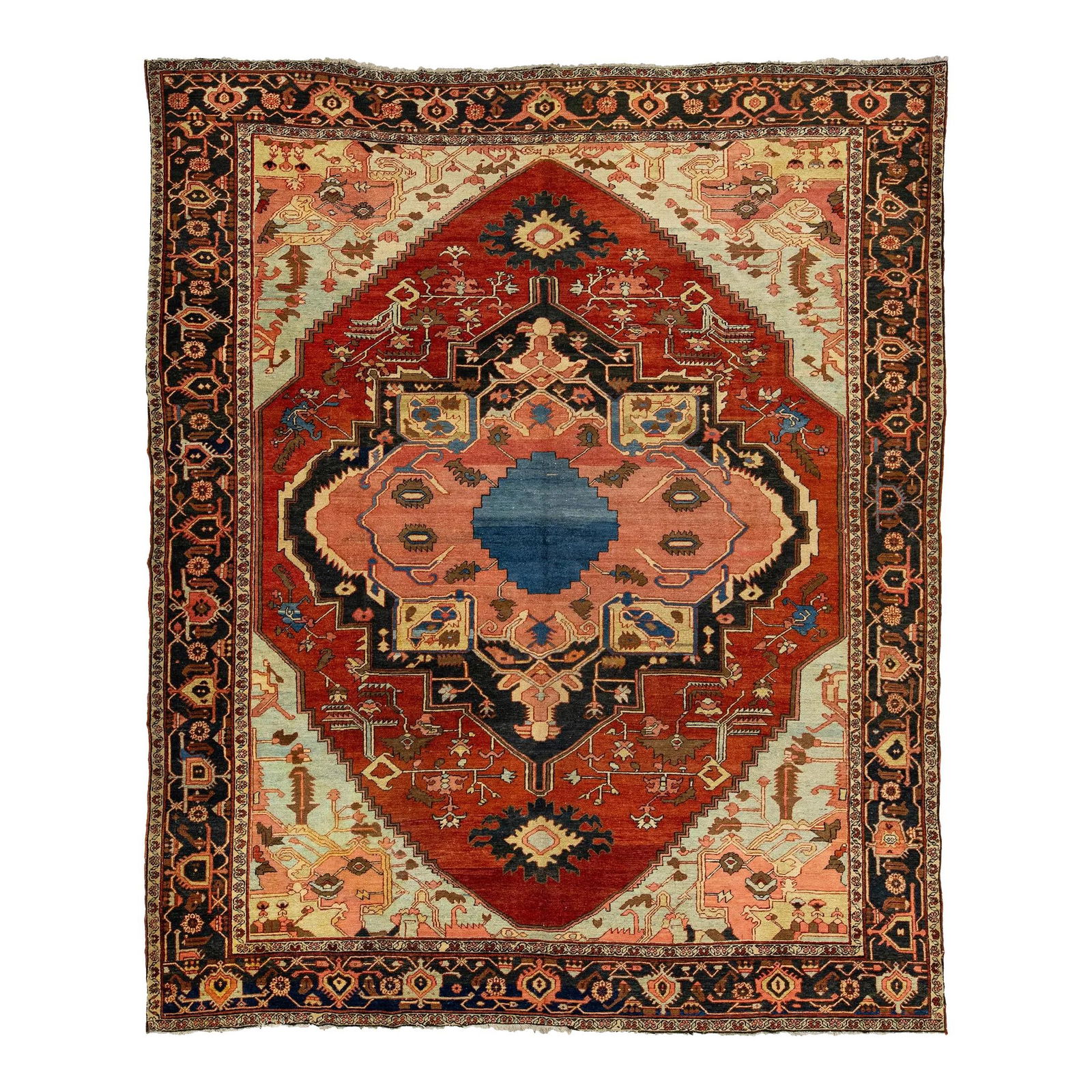 Antique 1870s Persian Serapi Wool Rug Medallion Rust 9'2" x 11': Antique 1870s Persian Serapi Wool Rug Medallion Rust 9'2" x 11' Discover the charm of this antique Persian Serapi rug, crafted from hand-knotted wool. It features a striking rust field with a captivat