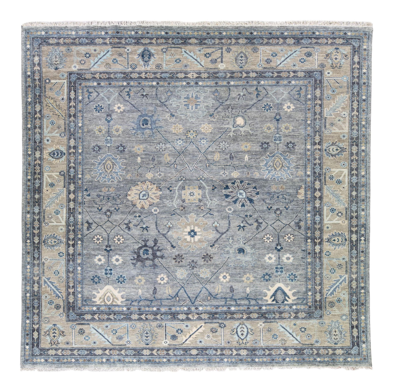 Modern Oushak Handmade Floral Wool Rug 12' x 12' Gray Beige: Modern Oushak Handmade Floral Wool Rug 12' x 12' Gray Beige Enhance your living space with this stunning Modern Oushak Style Handmade Floral Motif Square Wool Rug. Featuring a beautiful gray field, th