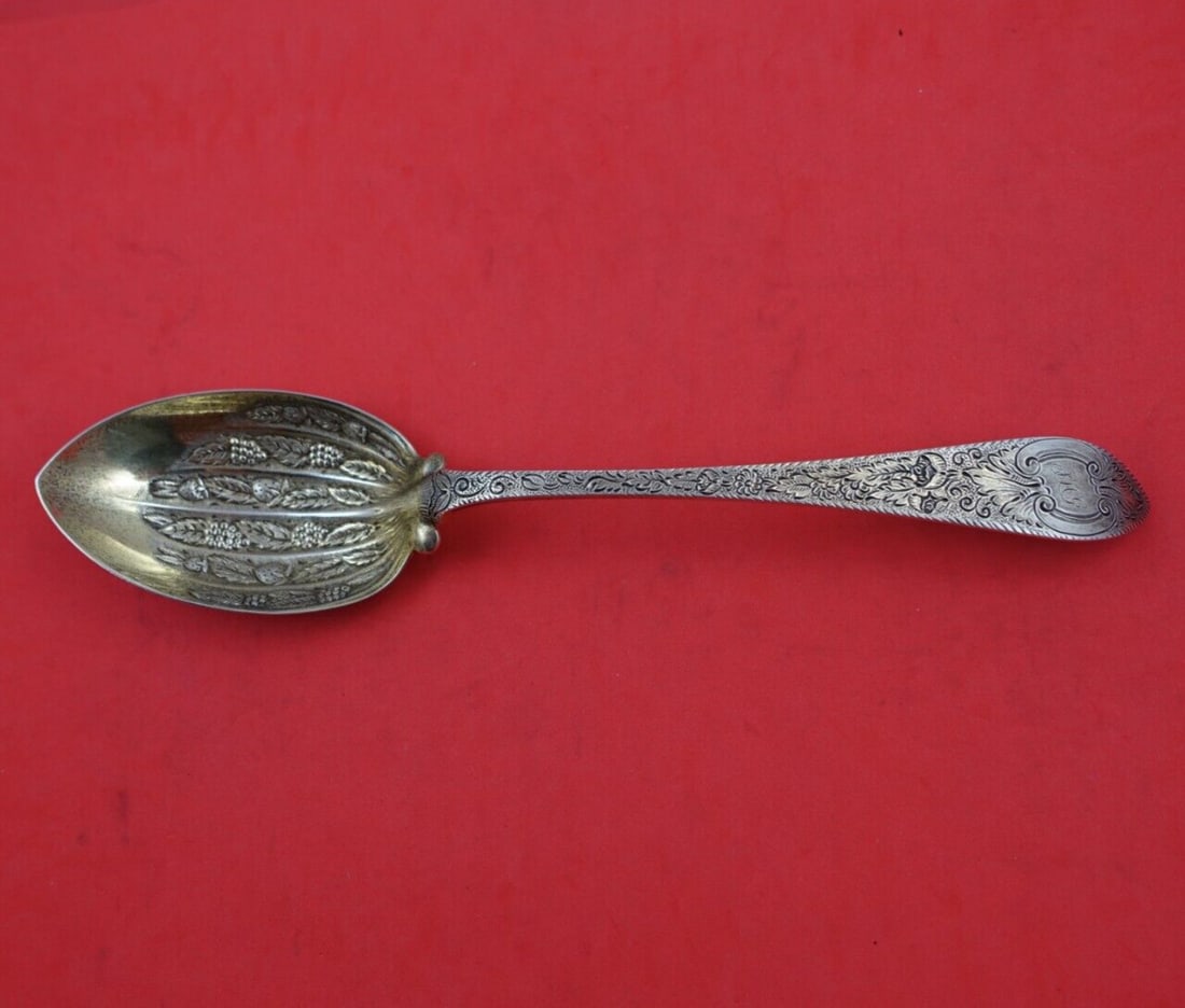 Tiffany & Co Queen Anne Engraved Sterling Silver Berry Spoon Gold Wash 9 1/4 inch: Tiffany & Co Queen Anne Engraved Sterling Silver Berry Spoon Gold Wash 9 1/4 inch This exquisite serving spoon showcases the timeless Queen Anne Engraved pattern by Tiffany & Co. Crafted from high-qua