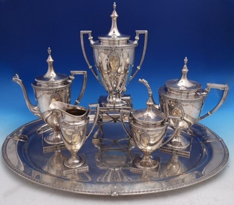 Hayes & McFarland Pompeian Sterling Silver 6pc Tea Set: Hayes & McFarland Pompeian Sterling Silver 6pc Tea Set Presenting a stunning 6-piece tea set from the Pompeian pattern by Hayes & McFarland, crafted from high-quality sterling silver (.925). This exqu
