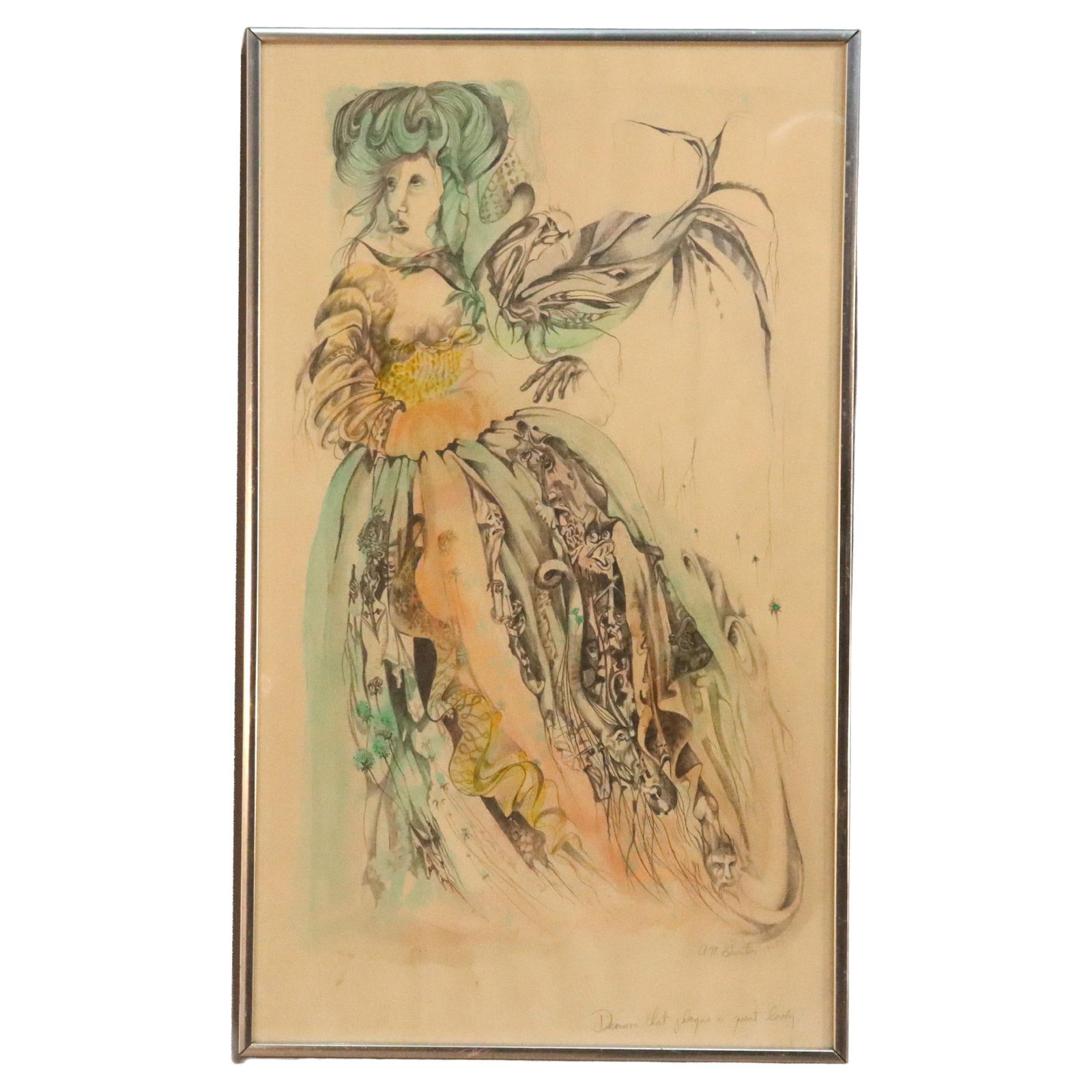 Surrealist Watercolor 'Demons That Plague A Great Lady' by Guenther 1968: Surrealist Watercolor 'Demons That Plague A Great Lady' by Guenther 1968 Presenting a captivating surrealist watercolor and pencil drawing titled "Demons That Plague A Great Lady" by artist A. W. Guen