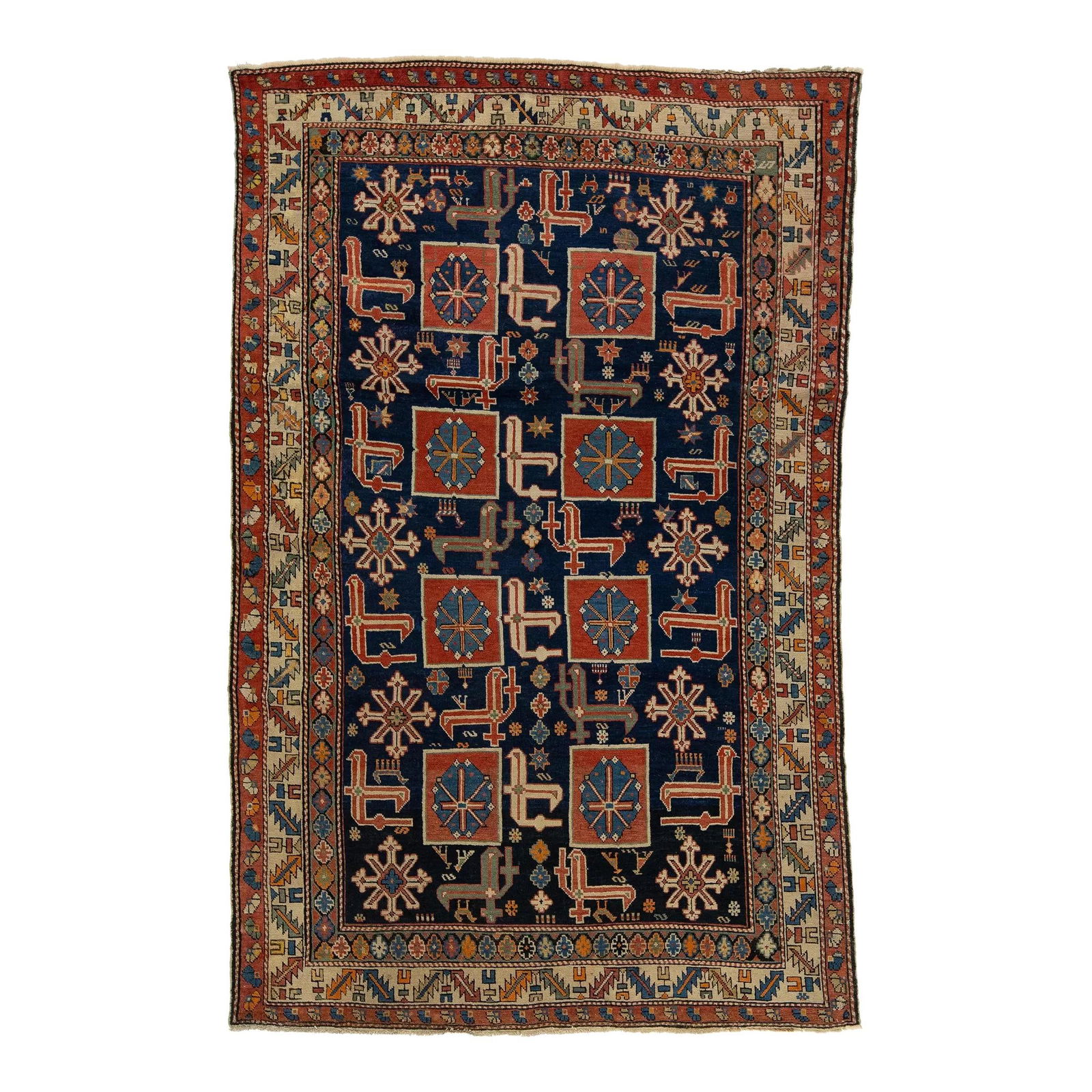 Antique Blue Persian Shirvan Wool Rug Geometric Design 4'6 x 7'1: Antique Blue Persian Shirvan Wool Rug Geometric Design 4'6 x 7'1 Enhance your space with this exquisite Antique Blue Persian Shirvan Wool Rug, handmade with meticulous attention to detail. Featuring a