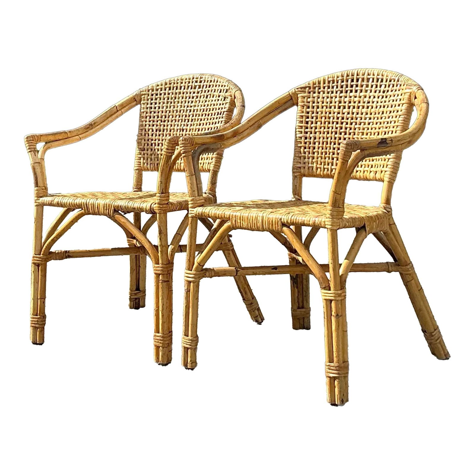 Pair of Vintage Boho Woven Rattan Lounge Chairs Camel Color: Pair of Vintage Boho Woven Rattan Lounge Chairs Camel Color Enhance your living space with this charming pair of vintage boho woven rattan lounge chairs. Expertly handwoven, these chairs embody a rela