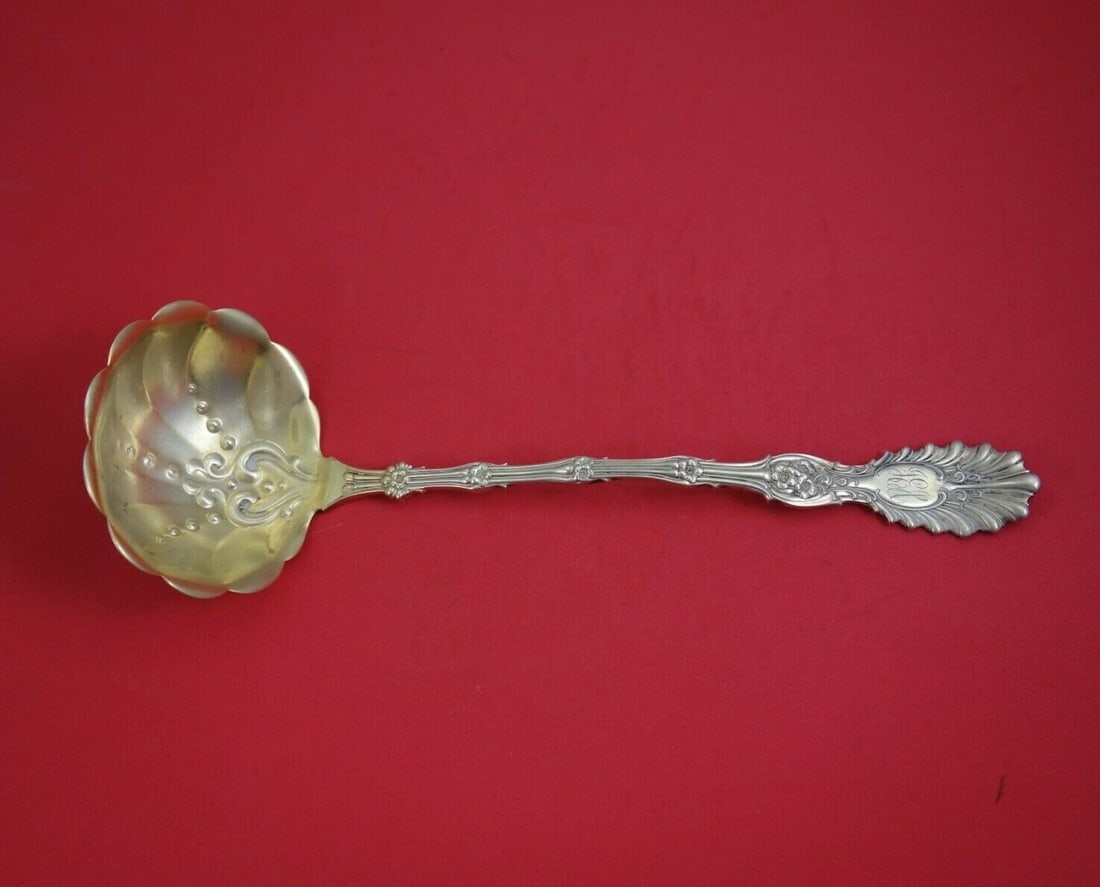 Whiting Radiant Sterling Silver Soup Ladle 12.5 Inch Gold Washed Scalloped Bowl: Whiting Radiant Sterling Silver Soup Ladle 12.5 Inch Gold Washed Scalloped Bowl This exquisite soup ladle is a remarkable piece from the Radiant pattern by Whiting, crafted in sterling silver. The lad