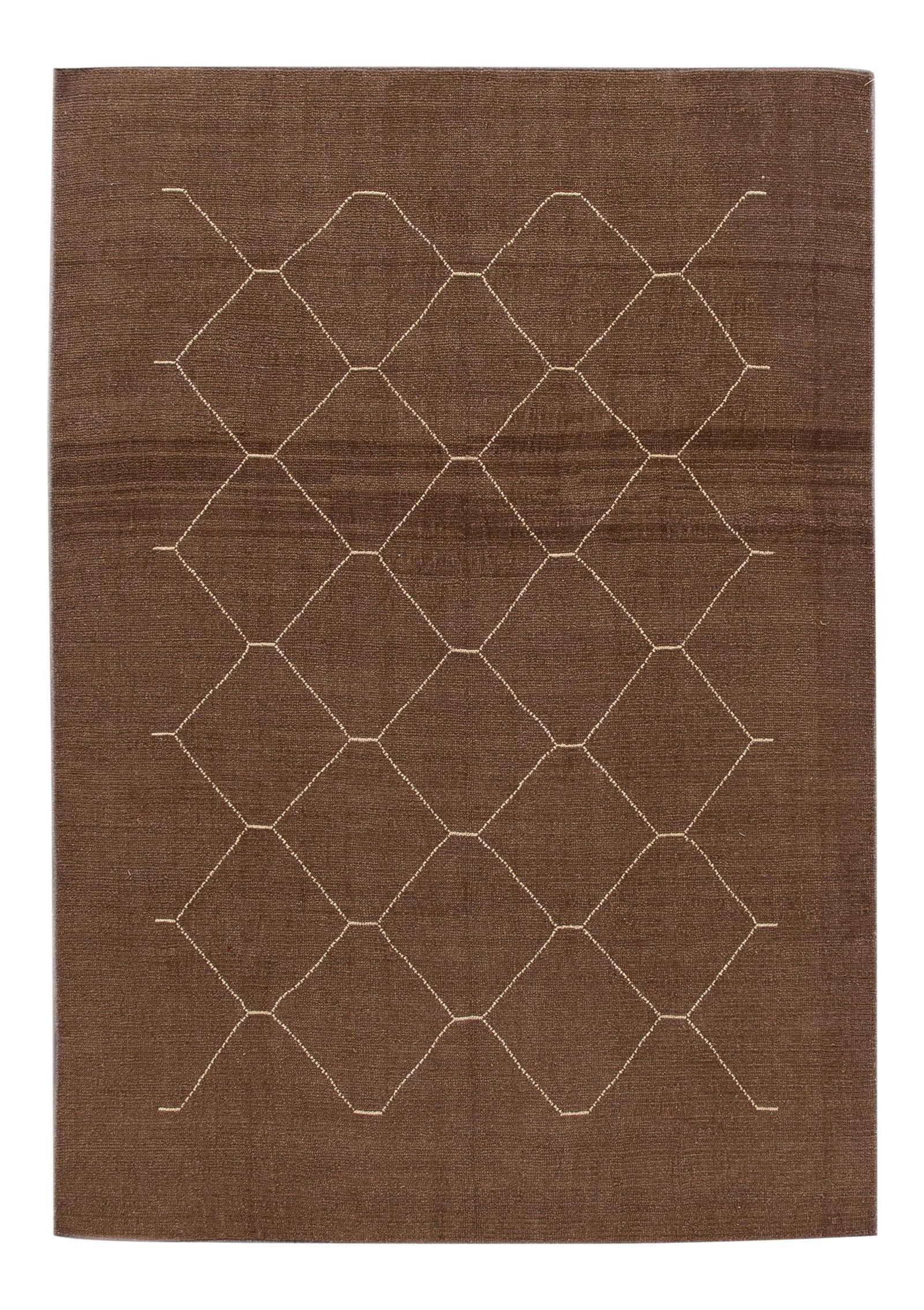 Modern Geometric Handmade Brown Wool Rug 7' x 10' Moroccan Style: Modern Geometric Handmade Brown Wool Rug 7' x 10' Moroccan Style Enhance your space with this stunning contemporary Moroccan style hand-knotted wool rug. Featuring a rich brown field, this rug is acce