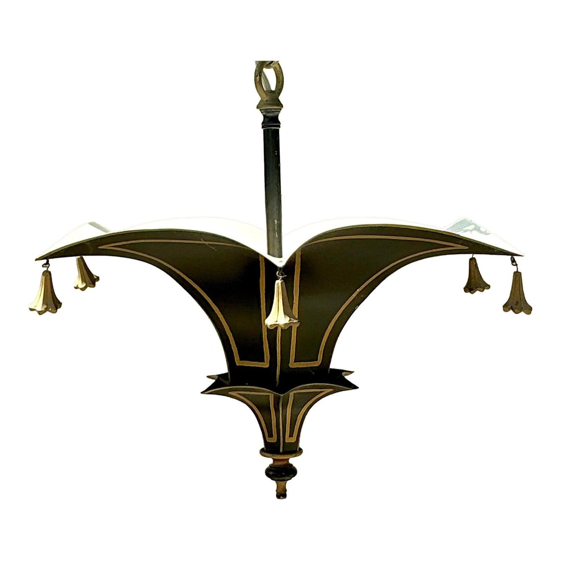 Vintage Hand Painted Tole Pagoda Pendant in Black with Gold Details: Vintage Hand Painted Tole Pagoda Pendant in Black with Gold Details Elevate your home decor with this Vintage Regency Hand Painted Tole Pagoda Pendant, a striking piece that embodies the charm of Holl