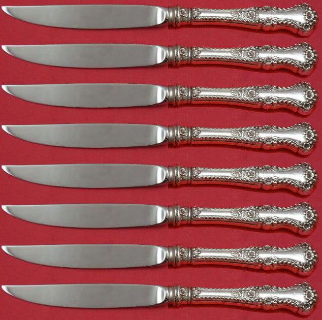 Gorham Cambridge Sterling Silver Steak Knife Set 8pc Not Serrated: Gorham Cambridge Sterling Silver Steak Knife Set 8pc Not Serrated Enhance your dining experience with this exquisite set of 8 Cambridge by Gorham steak knives. Crafted from high-quality sterling silve
