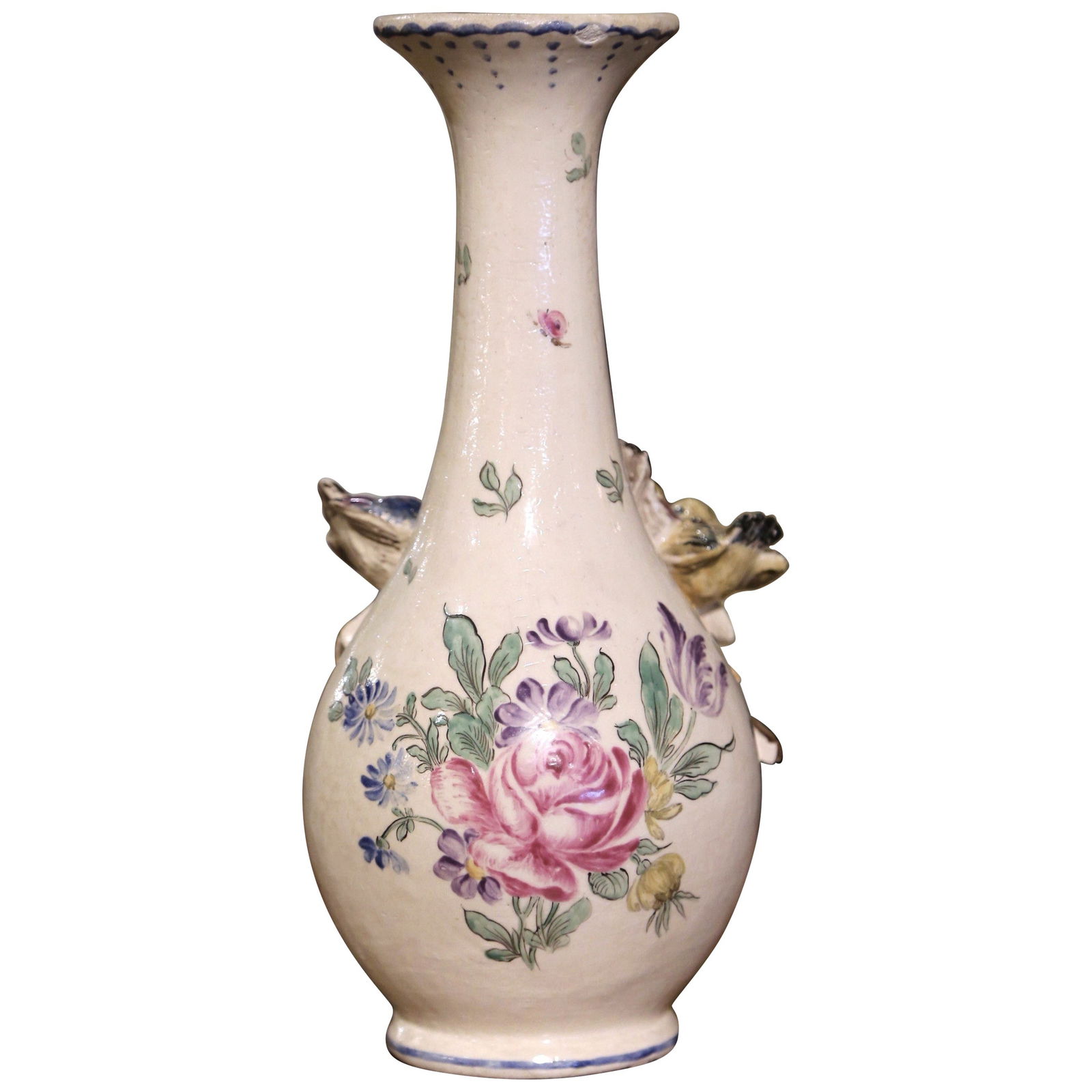 19th Century Napoleon III Hand Painted Faience Vase with Bird Motifs: 19th Century Napoleon III Hand Painted Faience Vase with Bird Motifs This exquisite 19th Century French hand-painted barbotine faience vase showcases stunning bird motifs and intricate floral designs.