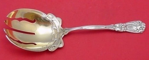 Durgin-Gorham Iris Sterling Silver Gold Washed Serving Fork 9.5": Durgin-Gorham Iris Sterling Silver Gold Washed Serving Fork 9.5" This exquisite vegetable serving fork features the elegant Iris pattern by Durgin-Gorham, dating from 1900 to 1940. Crafted from high-q
