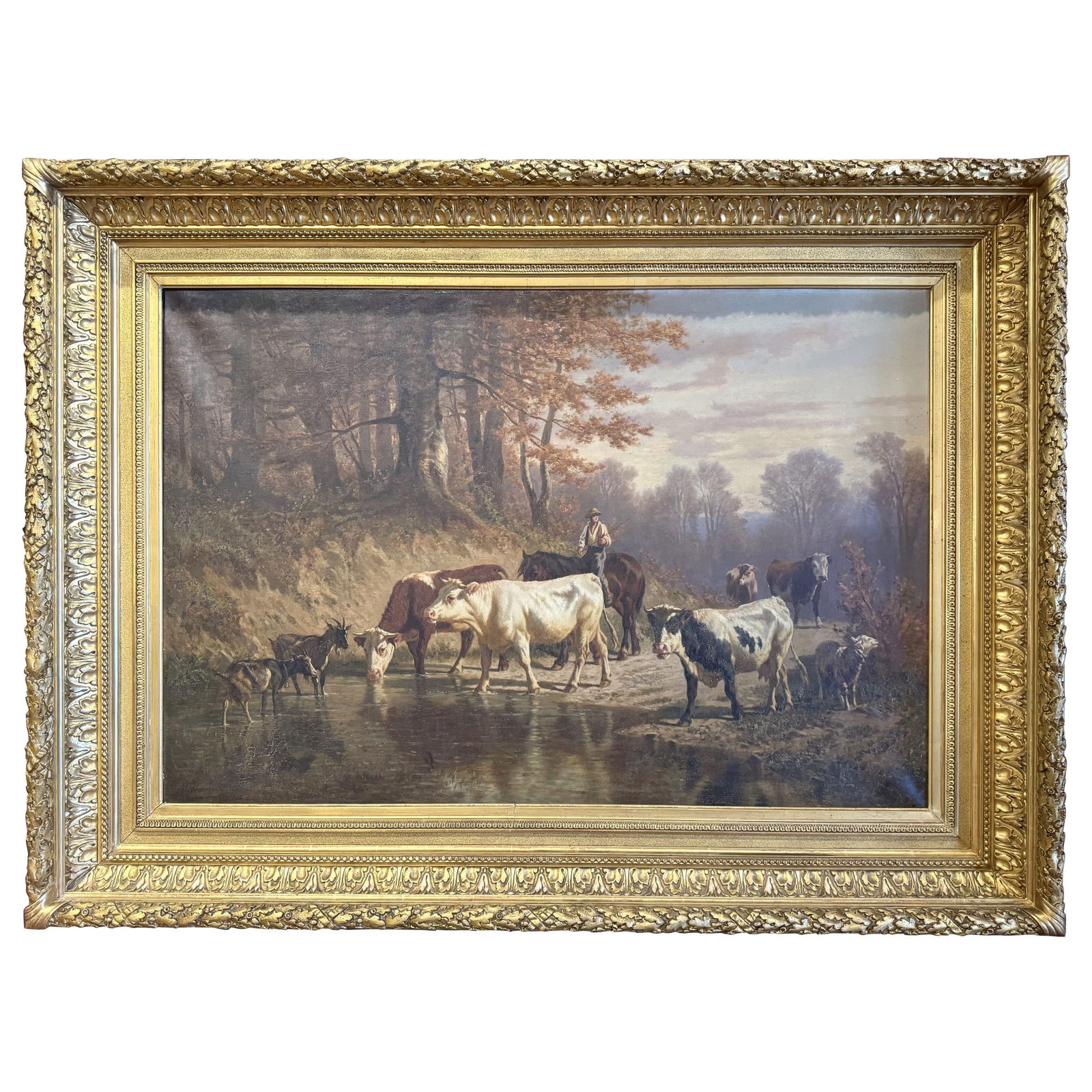 19th Century Oil Painting by Charles Humbert in Gilt Frame: 19th Century Oil Painting by Charles Humbert in Gilt Frame Experience the charm of the Swiss countryside with this stunning 19th Century oil on canvas painting, featuring a pastoral scene of cows, she