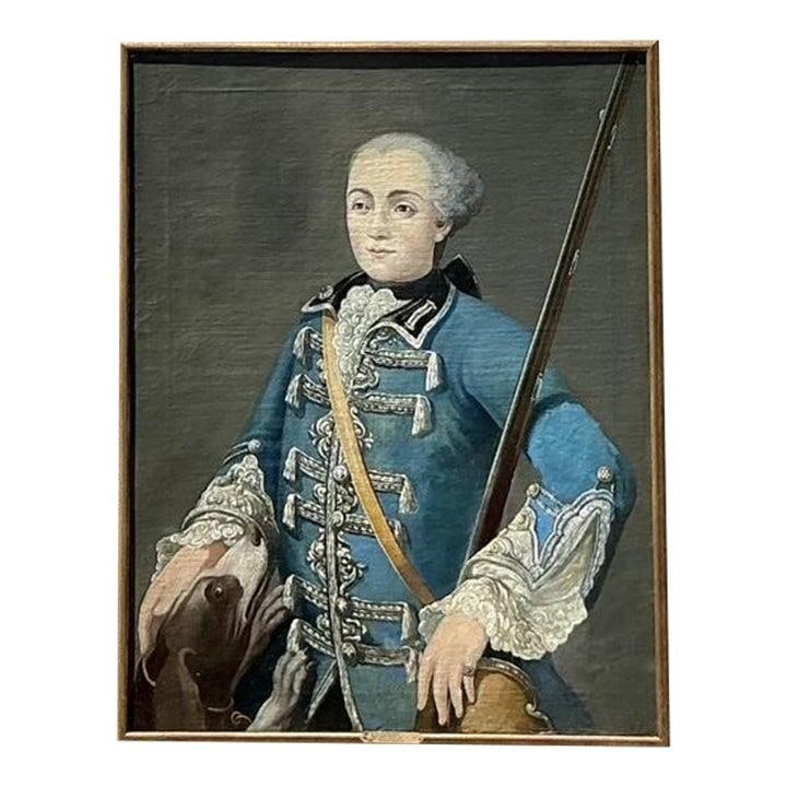 18th Century Original Oil Portrait 'Chasseur' French School: 18th Century Original Oil Portrait 'Chasseur' French School Immerse yourself in the elegance of the 18th century with this original oil portrait titled "Chasseur", attributed to the French School. Thi