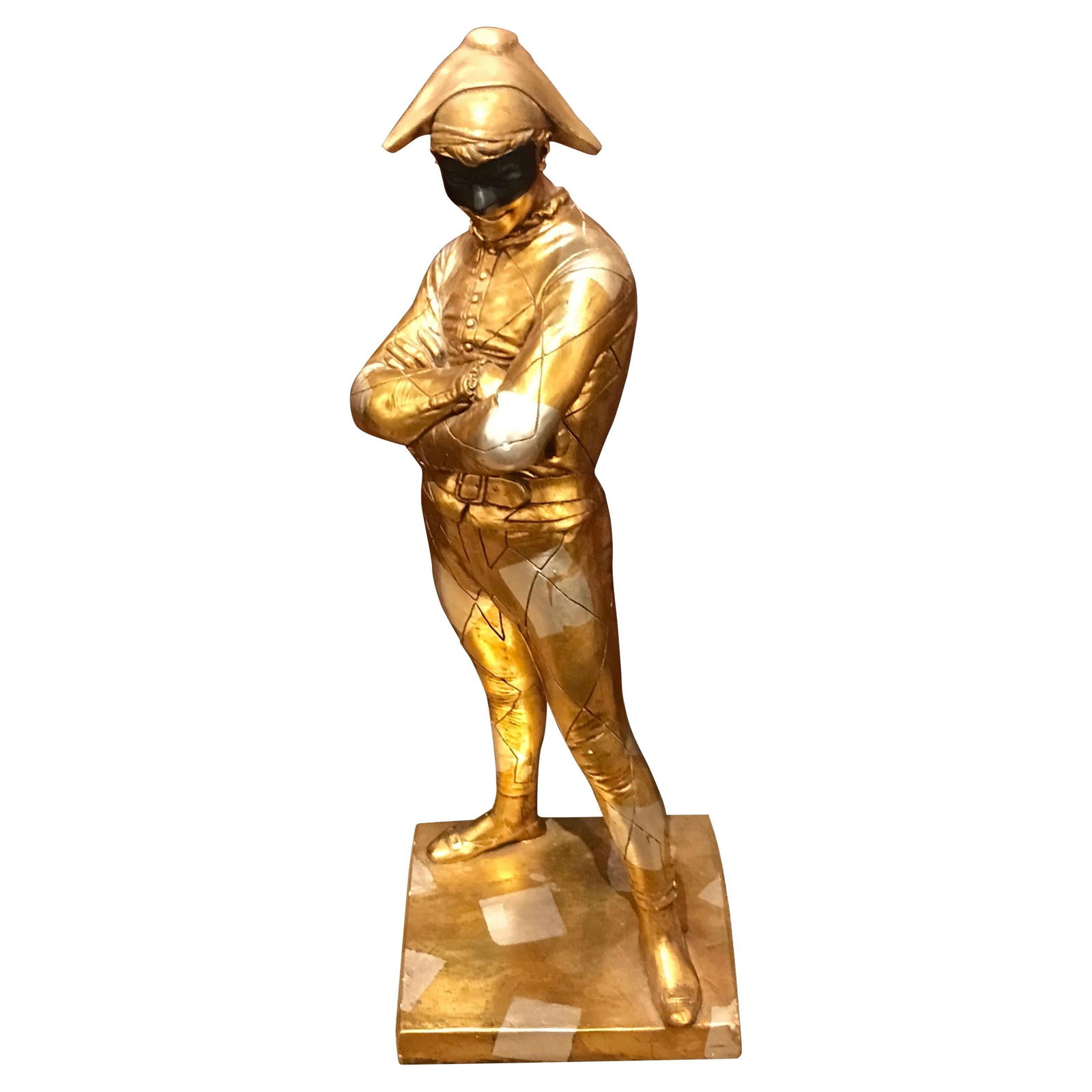Vintage Hollywood Regency Harlequin Sculpture Gold Silver Finish 1950s: Vintage Hollywood Regency Harlequin Sculpture Gold Silver Finish 1950s This striking Hollywood Regency standing sculpture features a gold and silvered harlequin design, reminiscent of the work "Arlequ