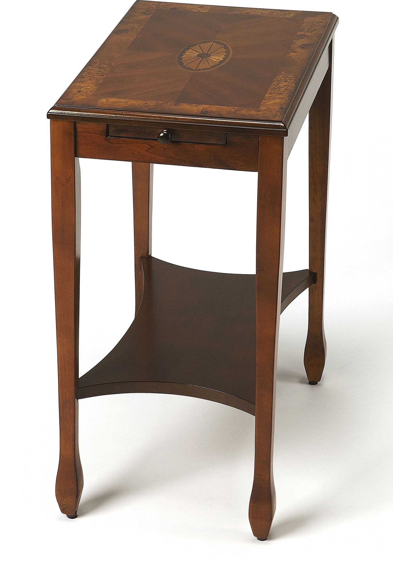 Butler Gilbert Maple Walnut Inlay Side Table with Pull-Out Tray: Butler Gilbert Maple Walnut Inlay Side Table with Pull-Out Tray This elegant side table features a stunning combination of maple and walnut inlays, showcasing a classic antique or vintage style. Desig