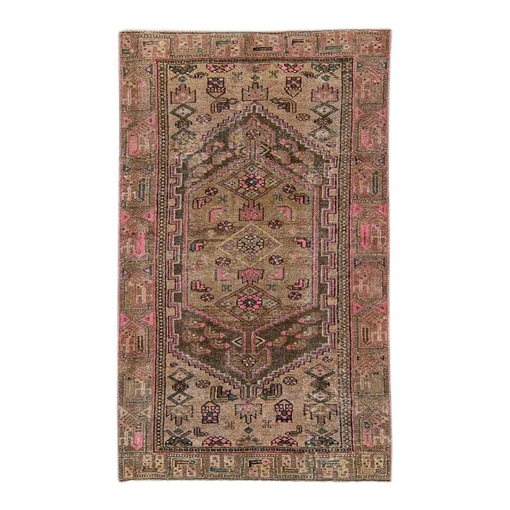 Vintage Hand-Knotted Geometric Wool Rug in Brown: Vintage Hand-Knotted Geometric Wool Rug in Brown Enhance your space with this stunning Vintage Distressed Geometric Wool Rug. Hand-knotted with care, this beautiful rug features a rich brown field ado