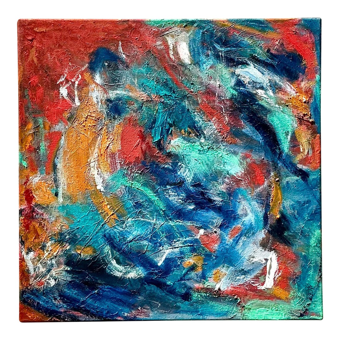 Vintage Boho Abstract Oil Painting on Canvas 18 x 18: Vintage Boho Abstract Oil Painting on Canvas 18 x 18 This vibrant vintage boho original abstract oil painting on canvas showcases an energetic mix of colors and textures, featuring swirling strokes of