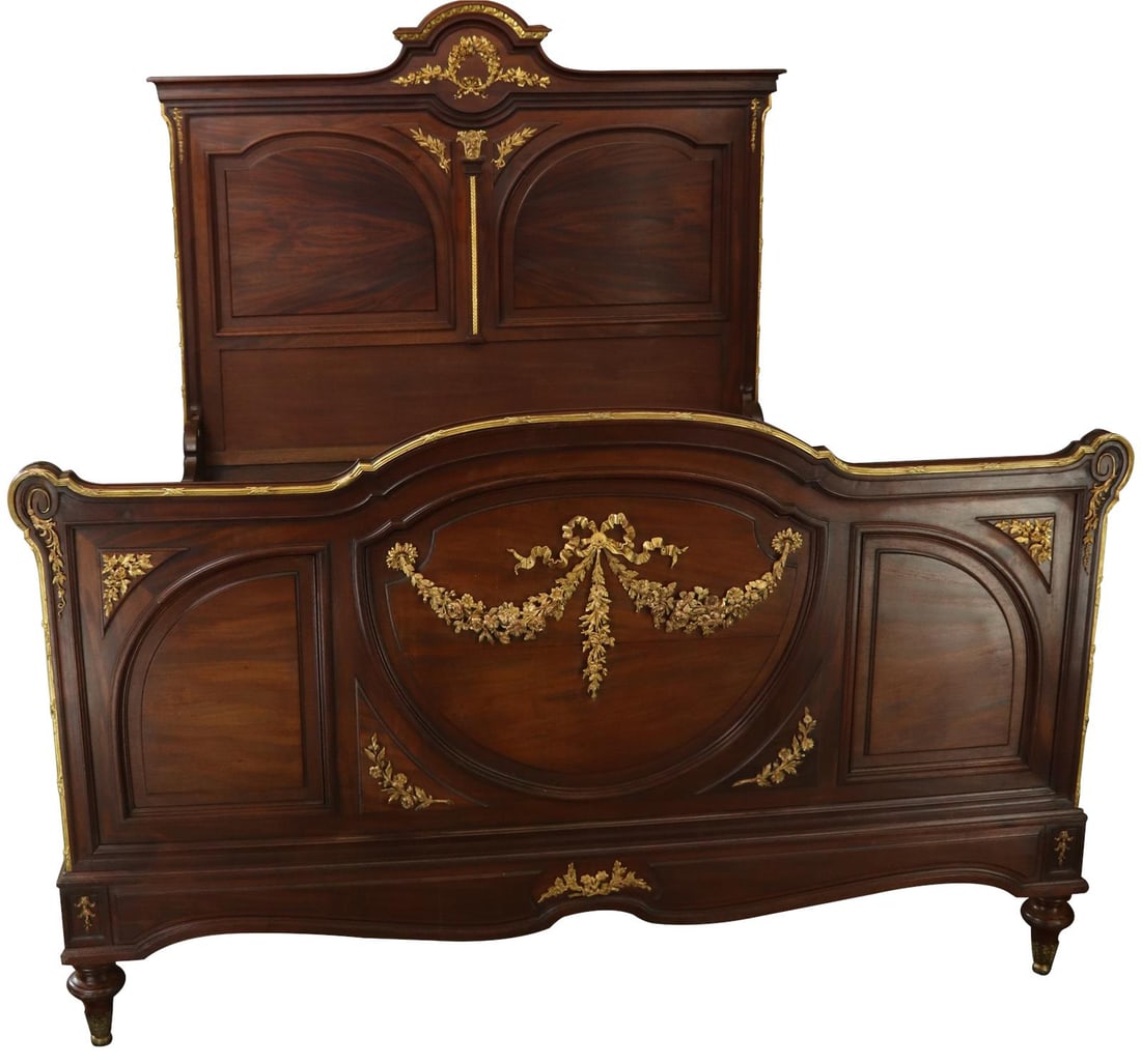 Classic 1890 French Louis XVI Mahogany Headboard Full Size: Classic 1890 French Louis XVI Mahogany Headboard Full Size This elegant French Louis XVI headboard, crafted from rich mahogany with ormolu accents, showcases the distinctive style of the Louis XVI per