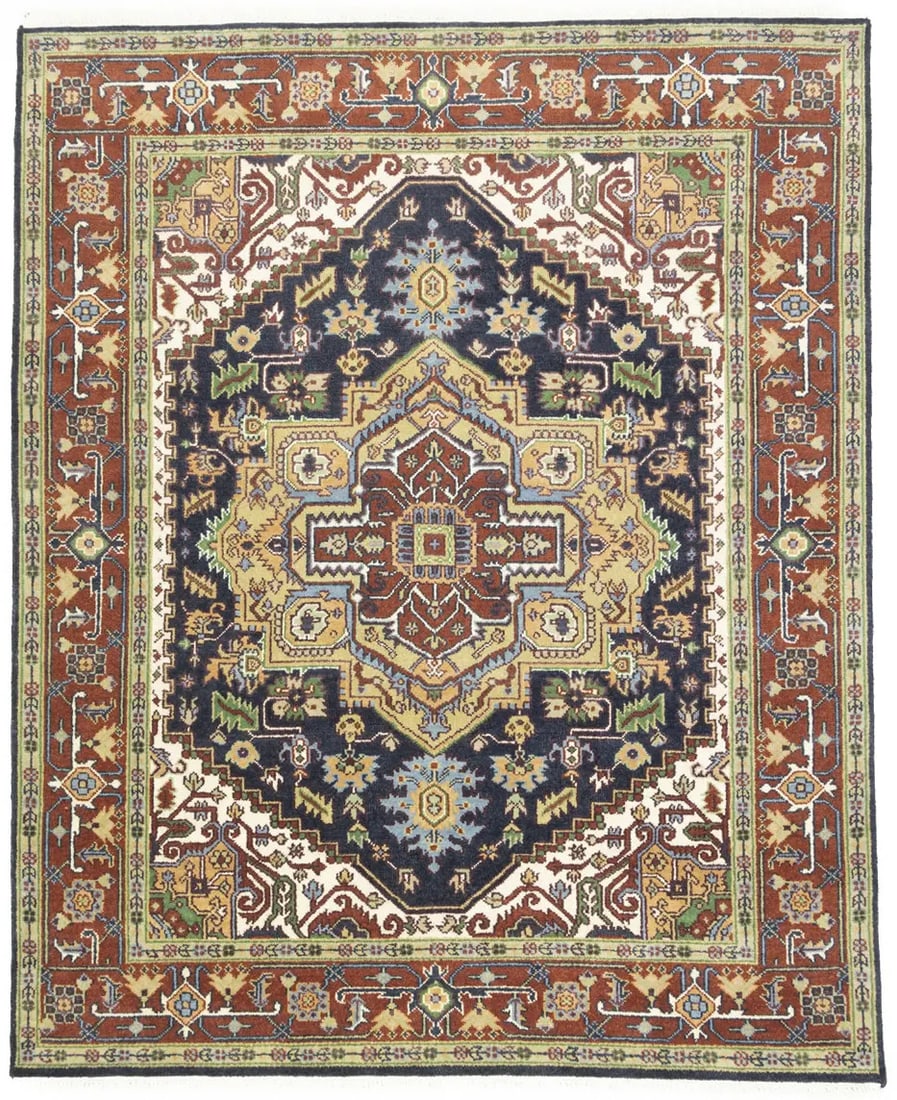 Hand-Knotted Wool Area Rug 7'11 x 9'8 Floral Purple Navy Heriz Serapi Style: Hand-Knotted Wool Area Rug 7'11 x 9'8 Floral Purple Navy Heriz Serapi Style This Heriz Serapi area rug features a modern floral pattern in dark purple, navy, rusty red, cream, green, and light salmon